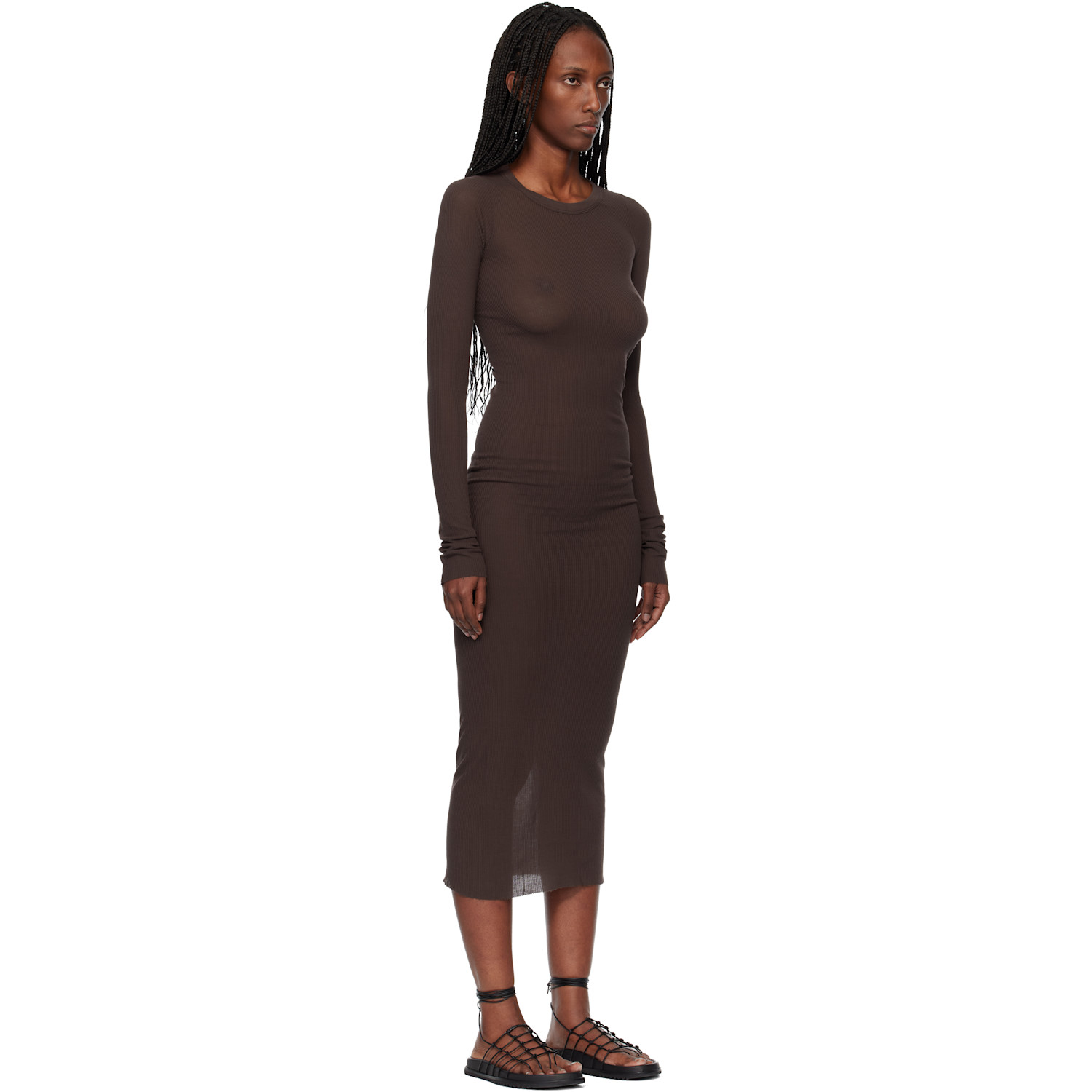  Rick Owens Brown Temple Rib Ls Midi Dress 