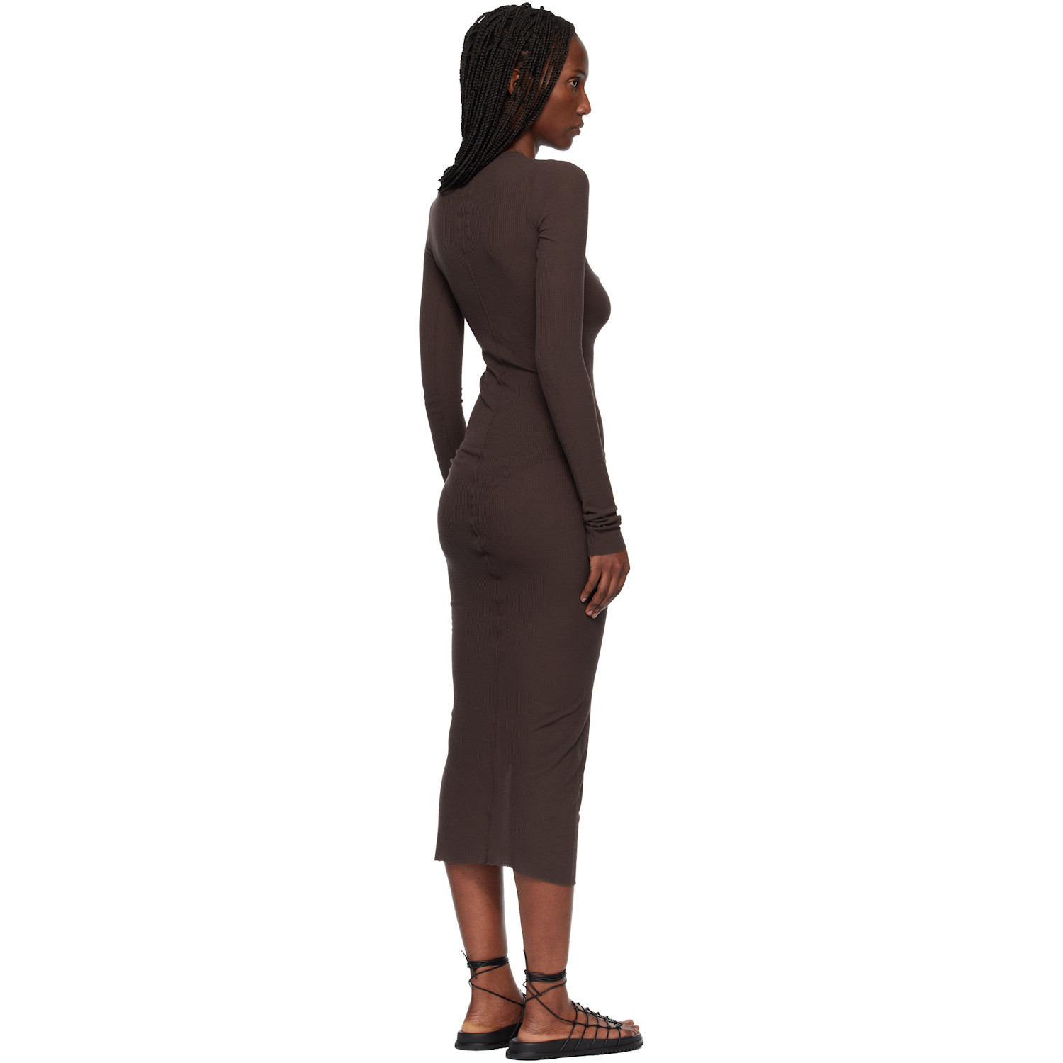  Rick Owens Brown Temple Rib Ls Midi Dress 