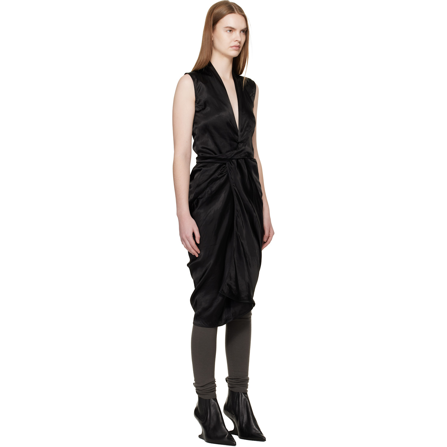  Rick Owens Black Temple Wrap Sl Midi Dress 