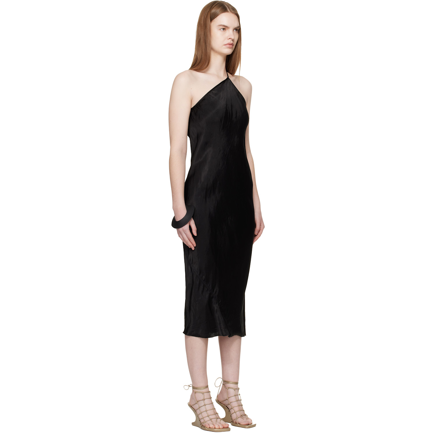  Rick Owens Black Temple One Shoulder Slip Midi Dress 