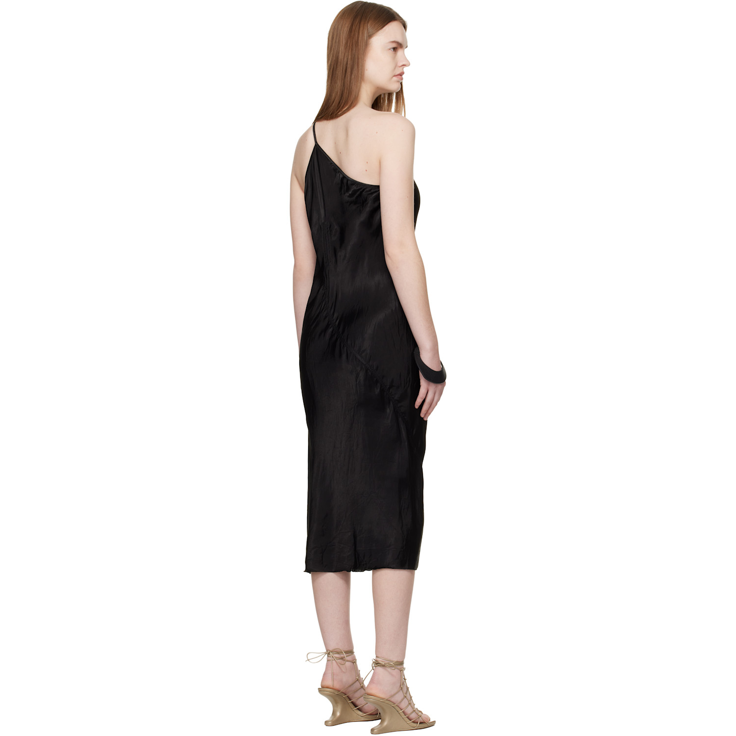  Rick Owens Black Temple One Shoulder Slip Midi Dress 