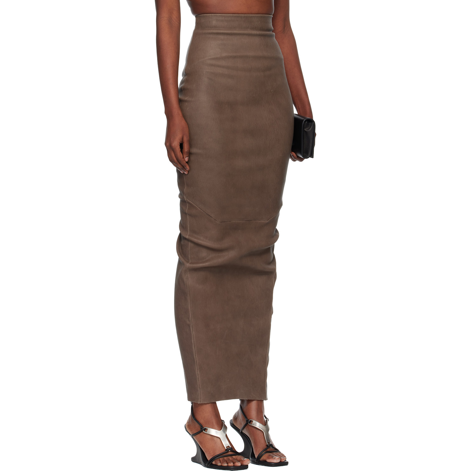  Rick Owens Gray Temple Dirt Pillar Leather Midi Skirt 