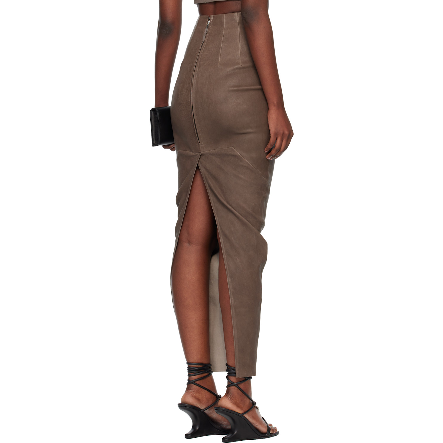  Rick Owens Gray Temple Dirt Pillar Leather Midi Skirt 
