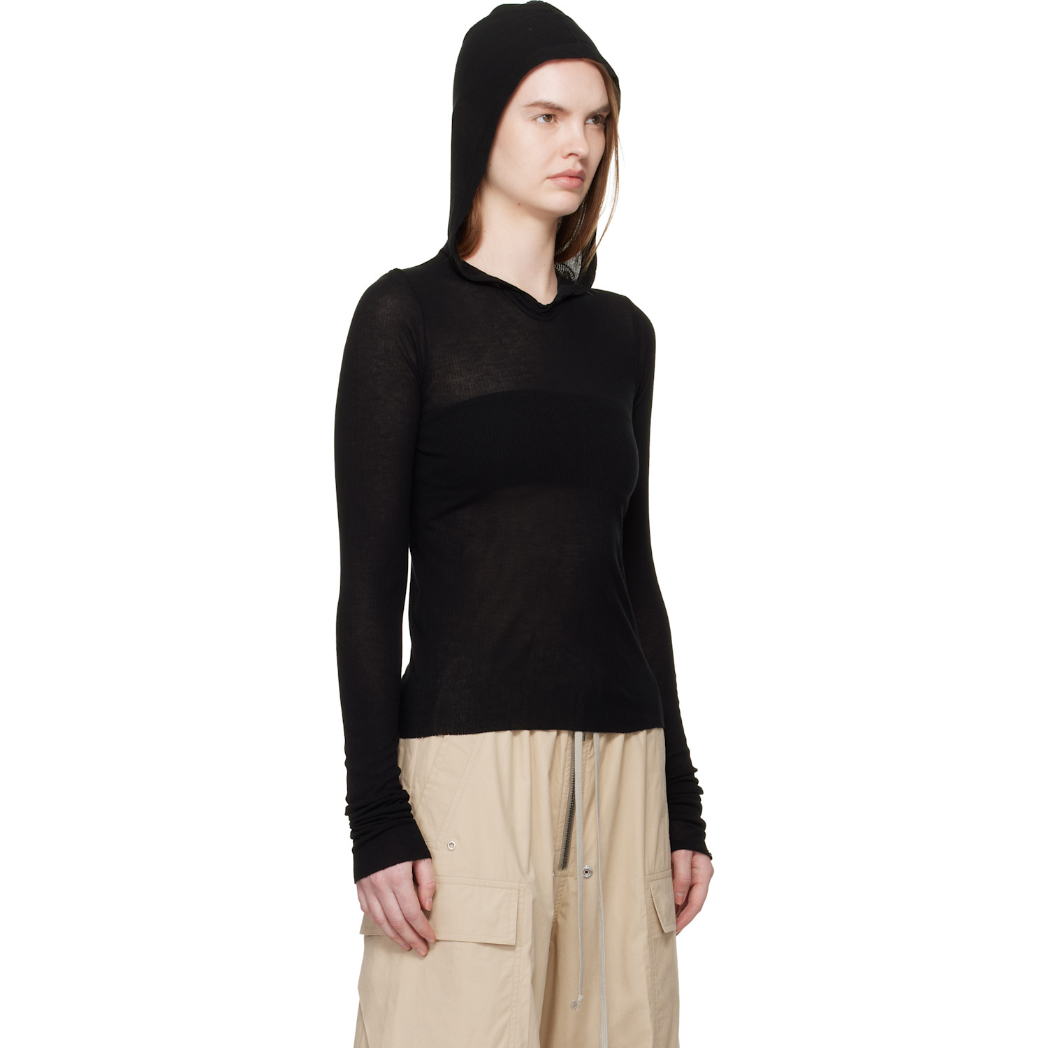  Rick Owens Black Temple Cropped Rib Ls Hoodie 