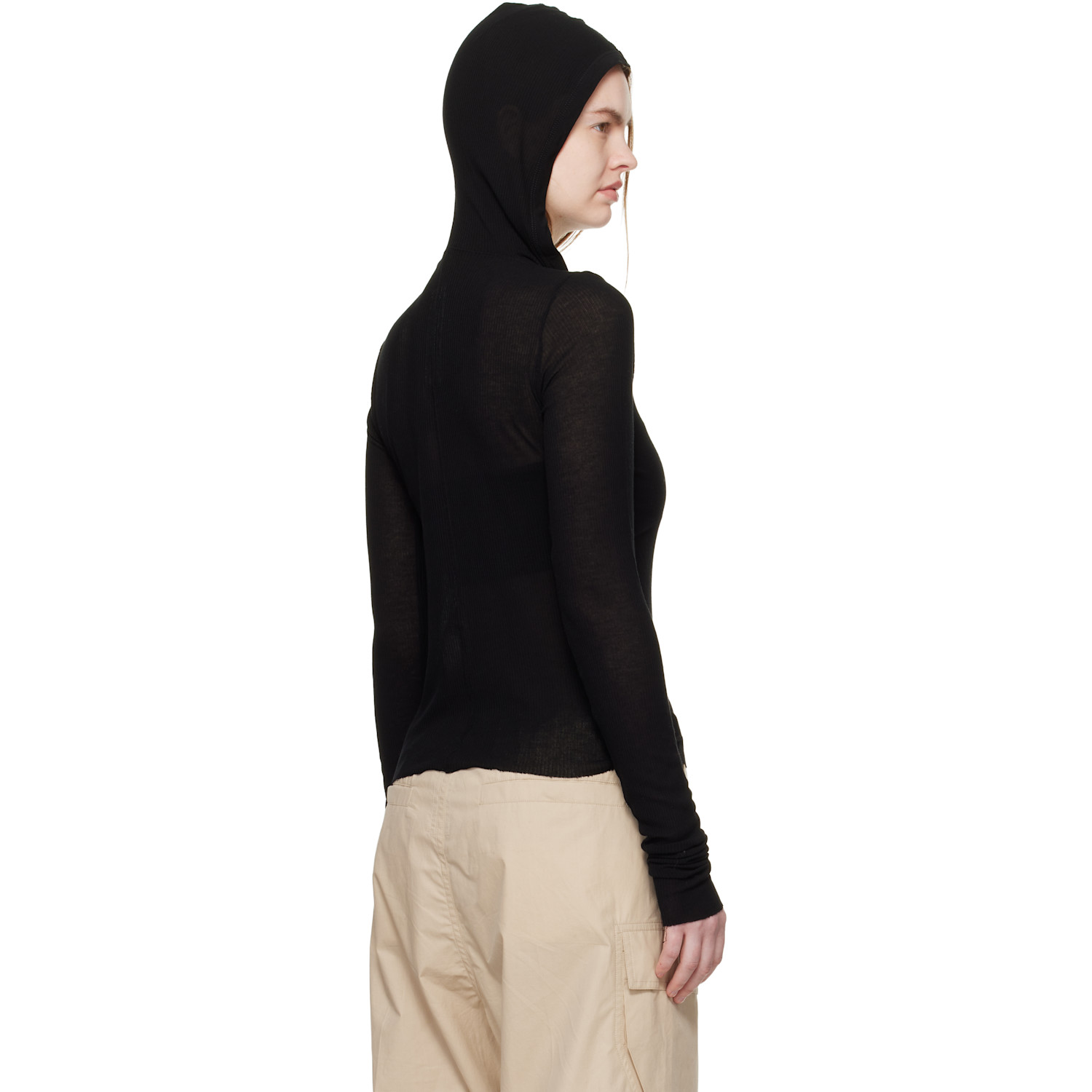  Rick Owens Black Temple Cropped Rib Ls Hoodie 