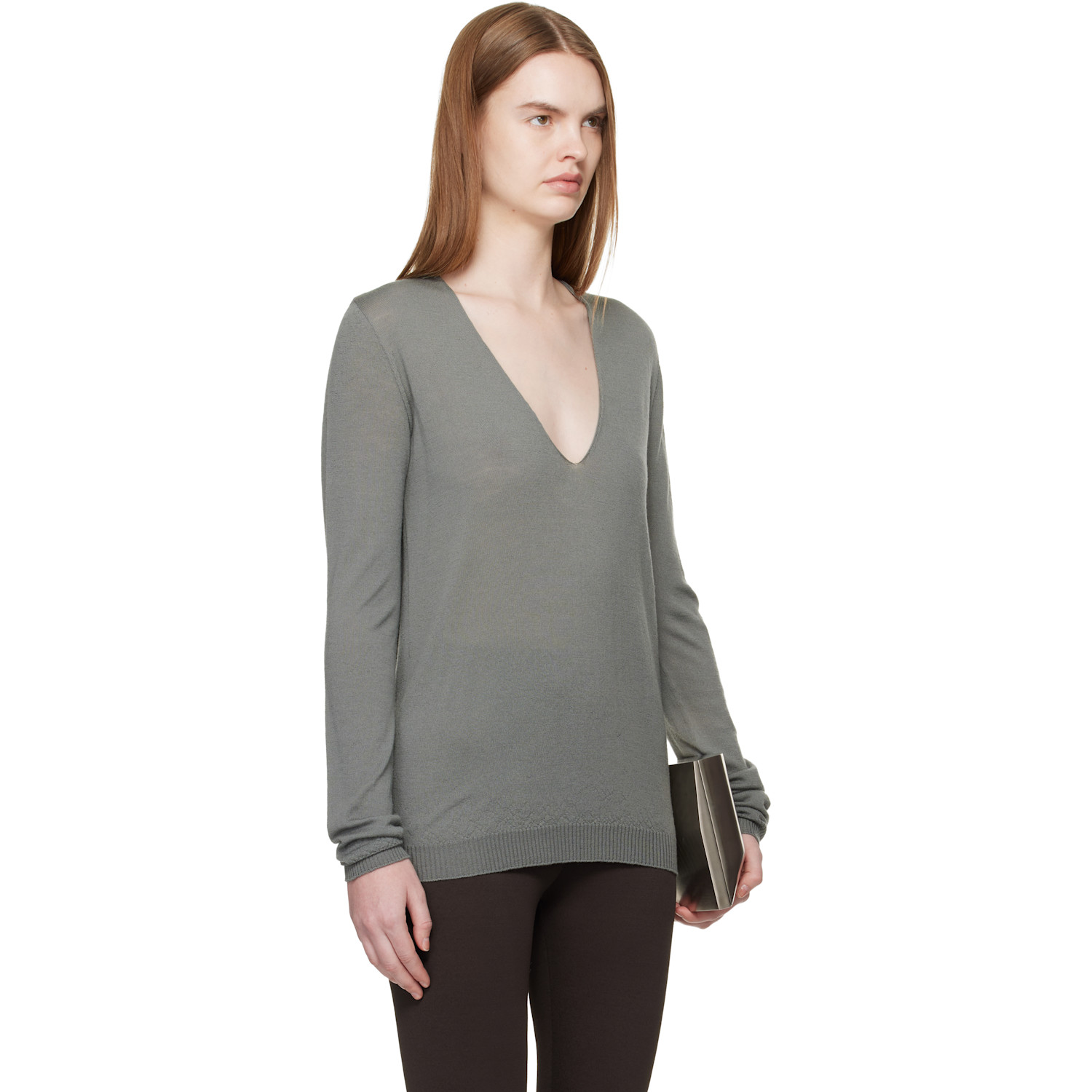  Rick Owens Khaki Temple V Neck Pull Sweater 
