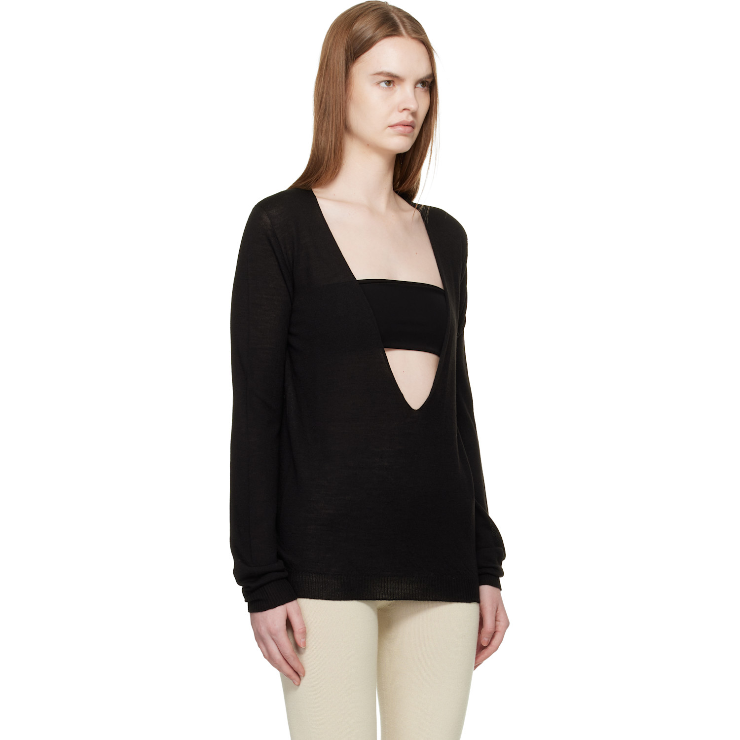  Rick Owens Black Temple Extreme V Neck Pull Sweater 