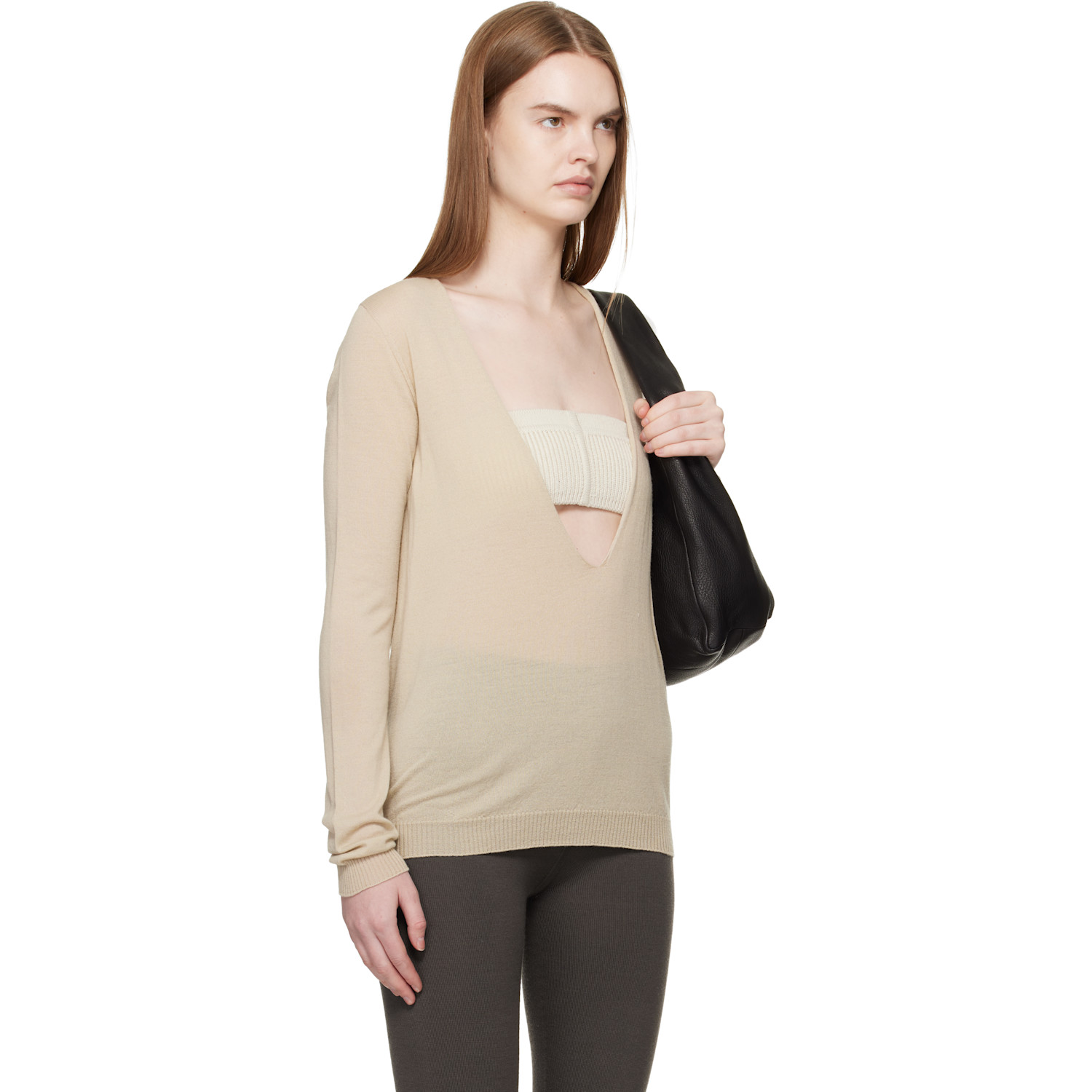 Rick Owens Beige Temple Extreme V Neck Pull Sweater 