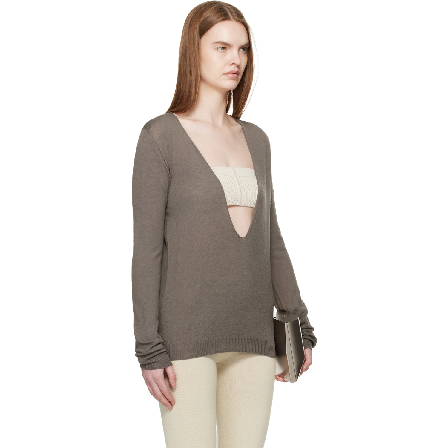  Rick Owens Gray Temple Extreme V Neck Pull Sweater 