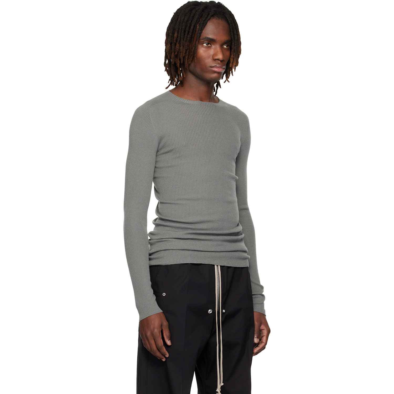  Rick Owens Gray Temple Ribbed Round Neck Sweater 
