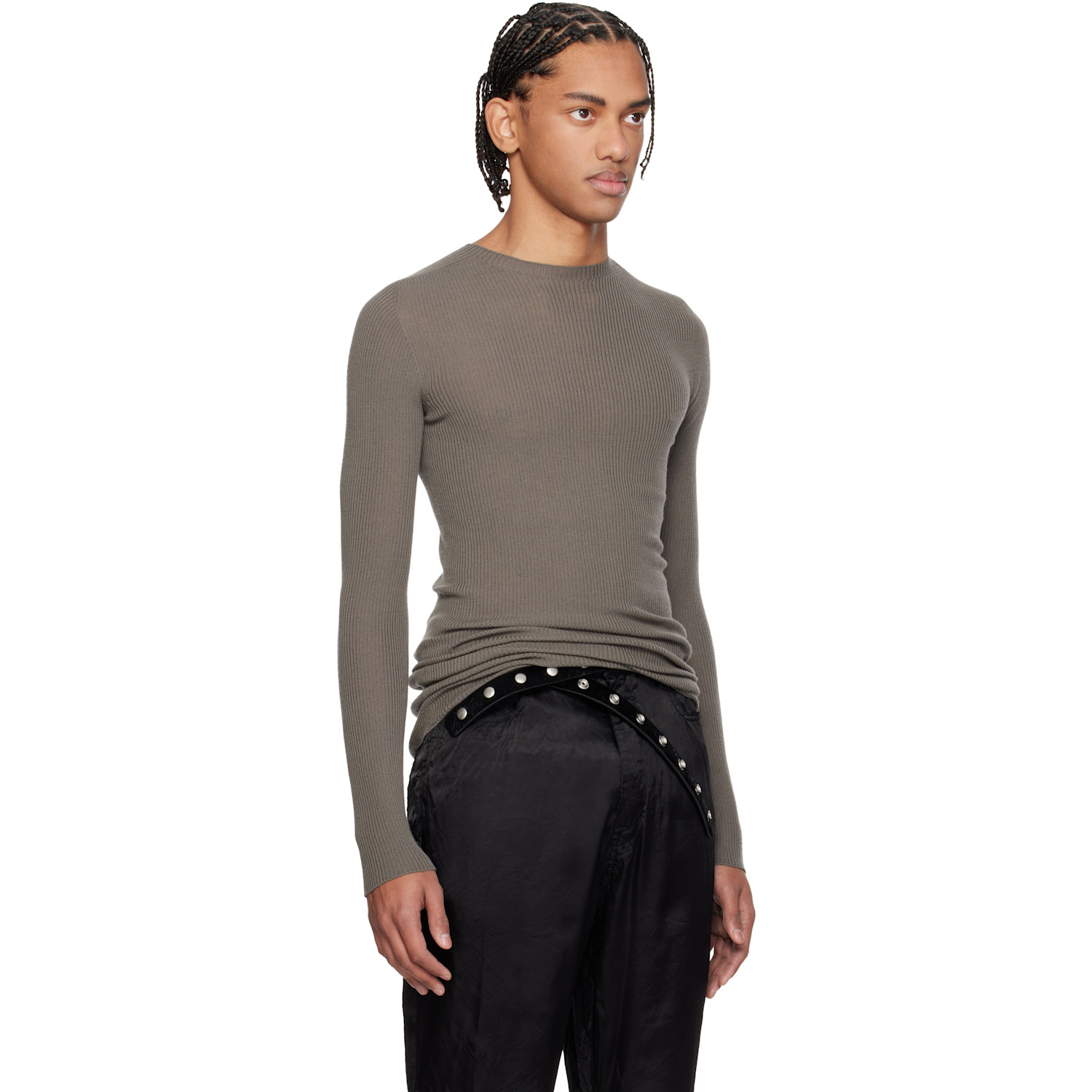  Rick Owens Gray Temple Ribbed Round Neck Sweater 
