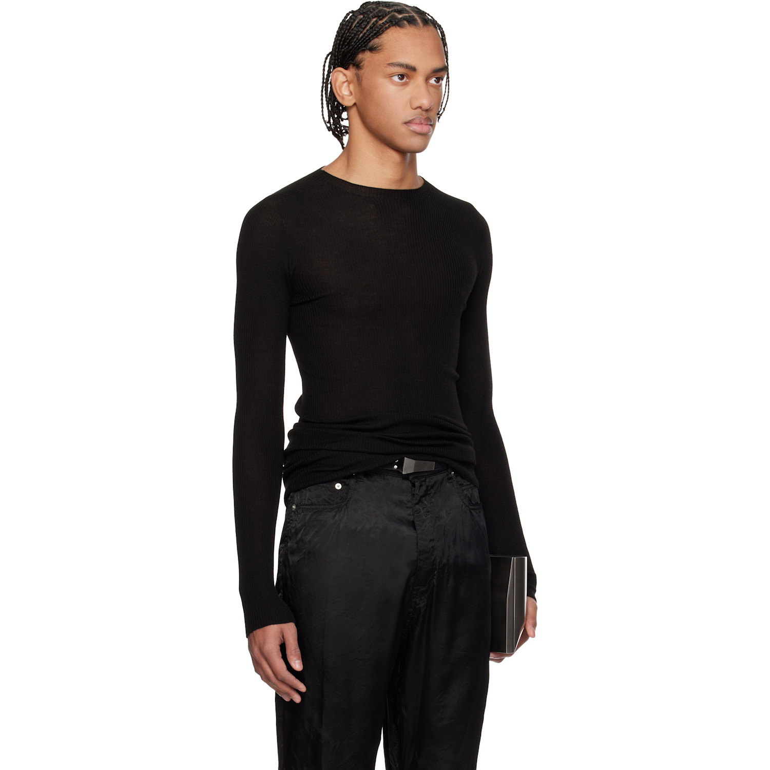  Rick Owens Black Temple Ribbed Round Neck Sweater 