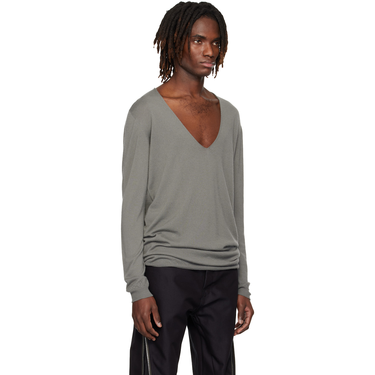  Rick Owens Gray Temple Oversize Extreme V Neck Sweater 