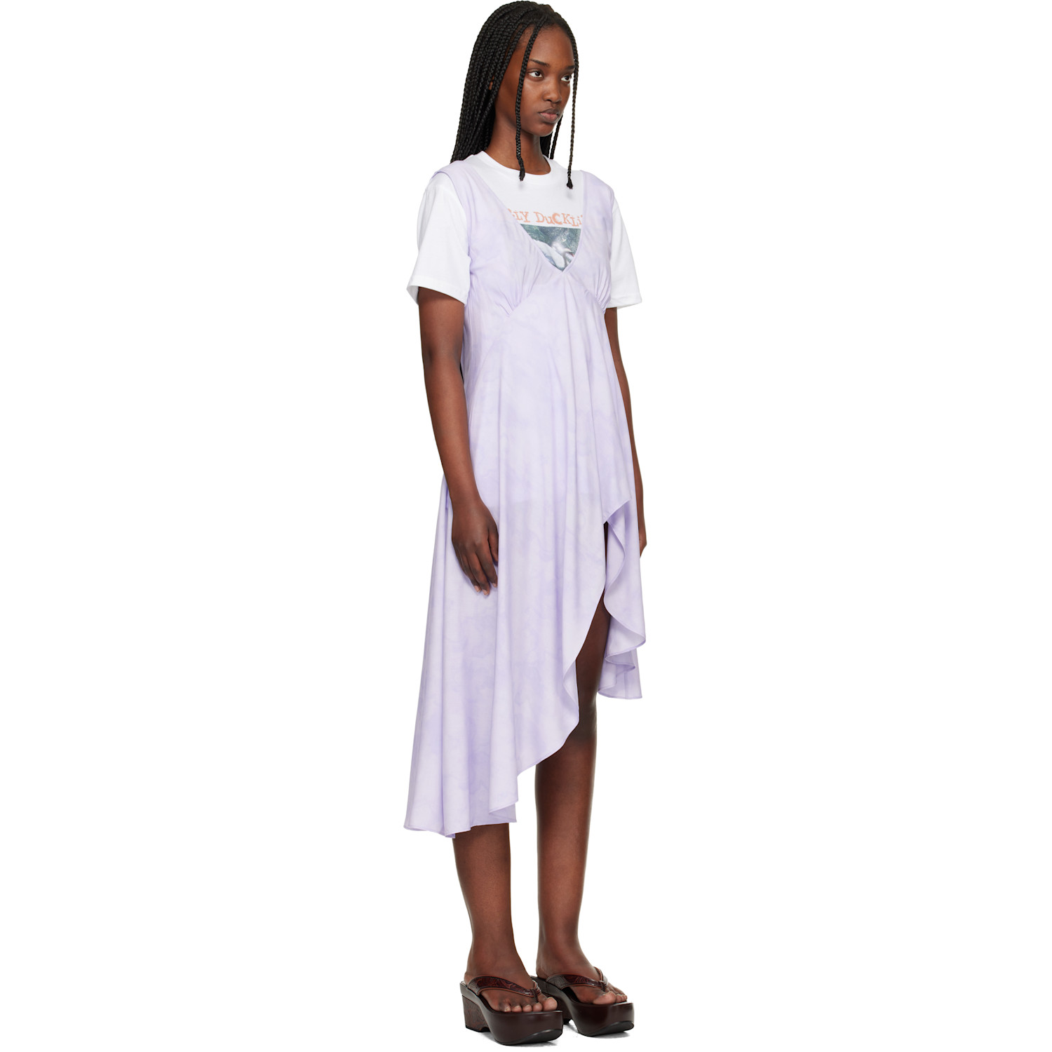  Collina Strada Purple Lilac Floral Scribble Tulip Midi Dress 