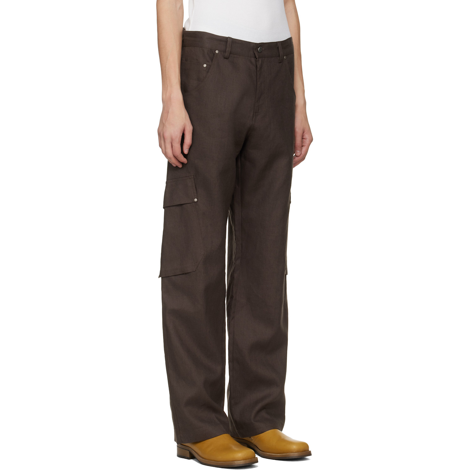  Serapis Brown Riveted Linen Cargo Pants 