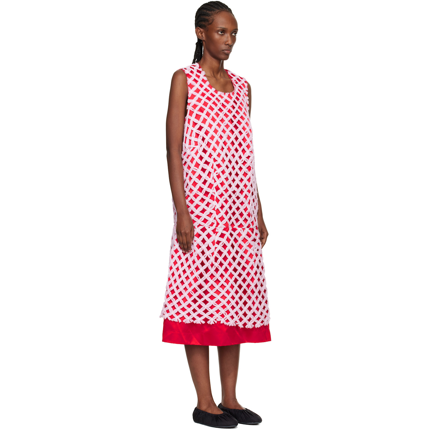  Comme Des Garçons Red & Pink Tulle Braided Mesh Midi Dress 