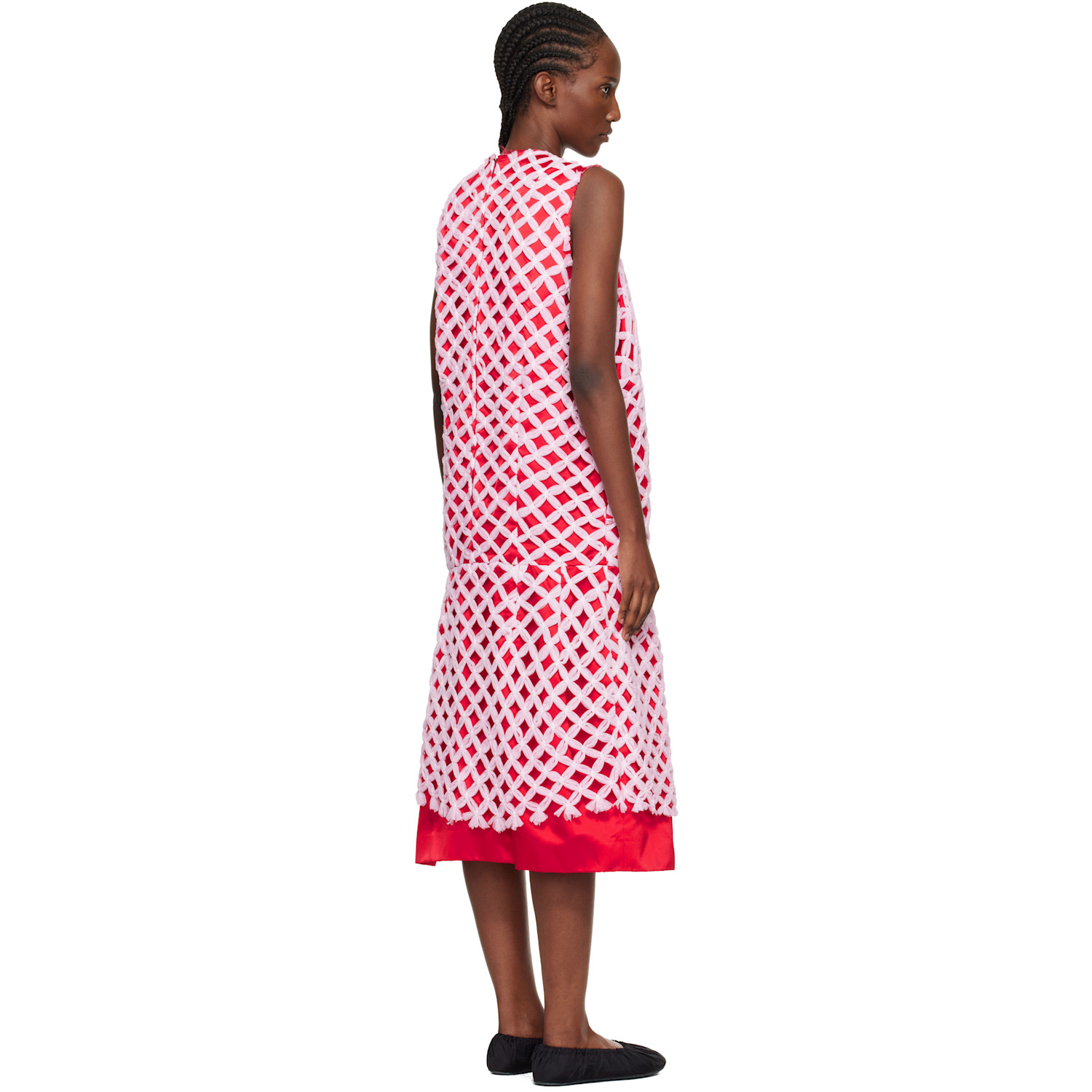  Comme Des Garçons Red & Pink Tulle Braided Mesh Midi Dress 