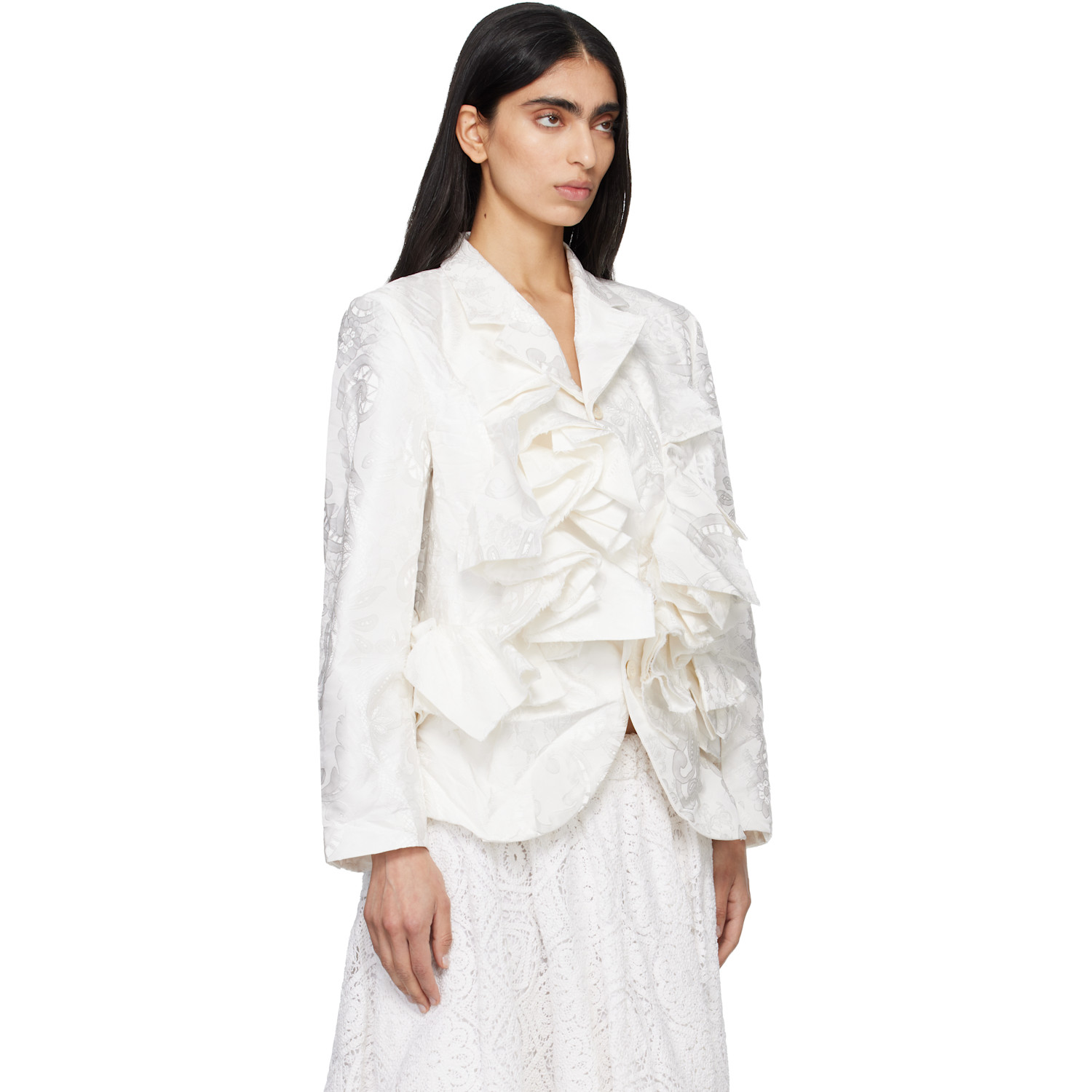  Comme Des Garçons Off-white Gros Grain Lace Pattern Garment Treated Blazer 