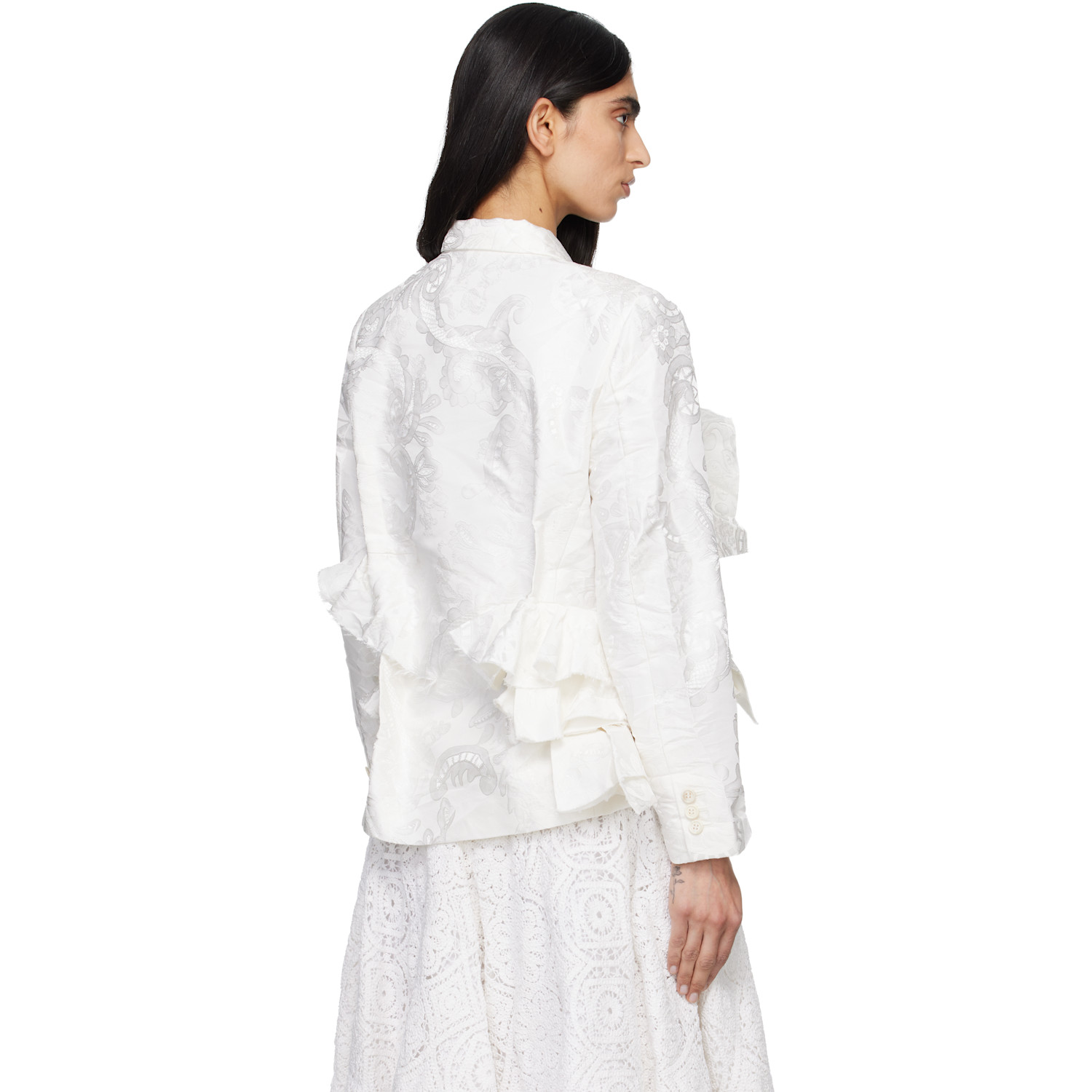  Comme Des Garçons Off-white Gros Grain Lace Pattern Garment Treated Blazer 