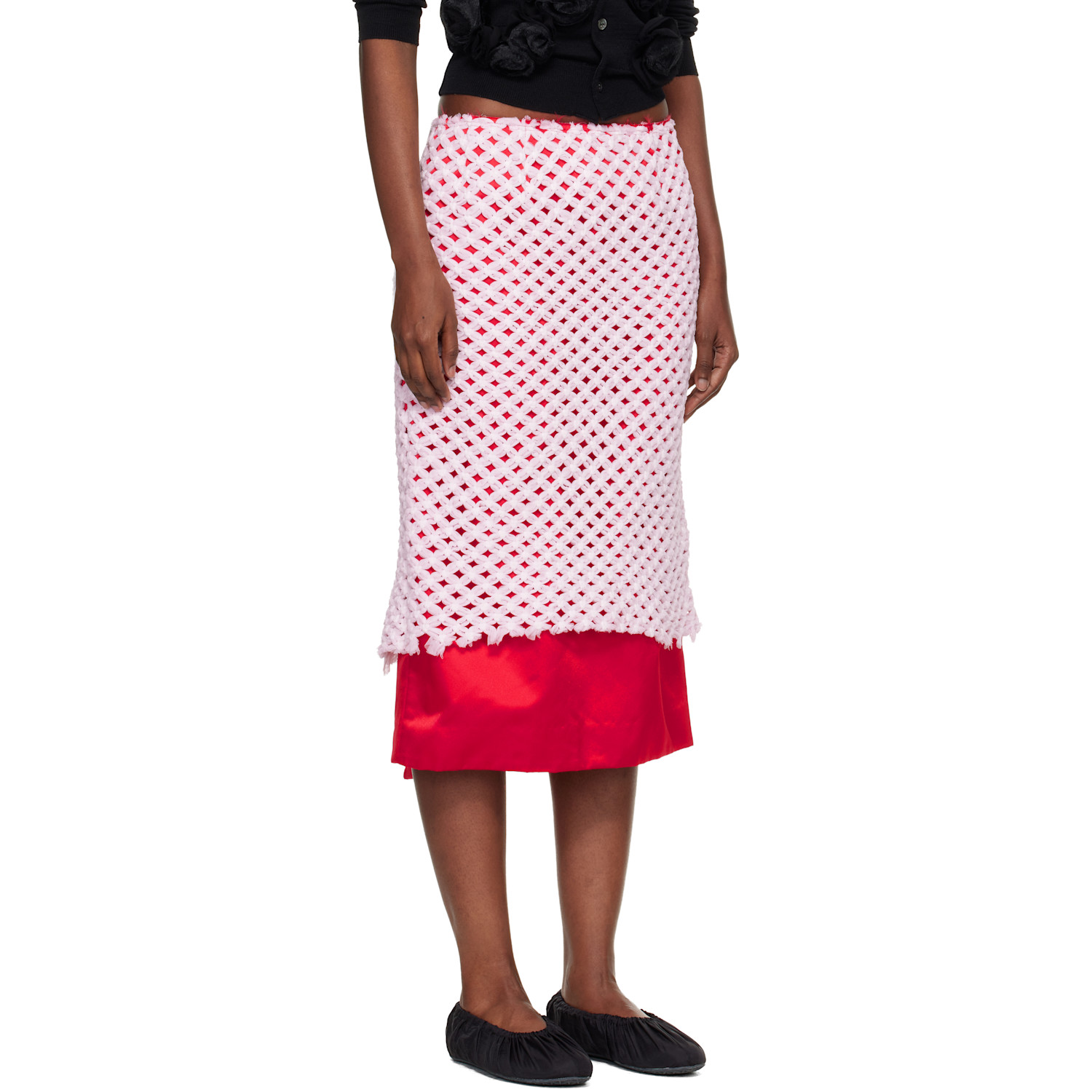  Comme Des Garçons Red & Pink Tulle Braided Mesh Midi Skirt 