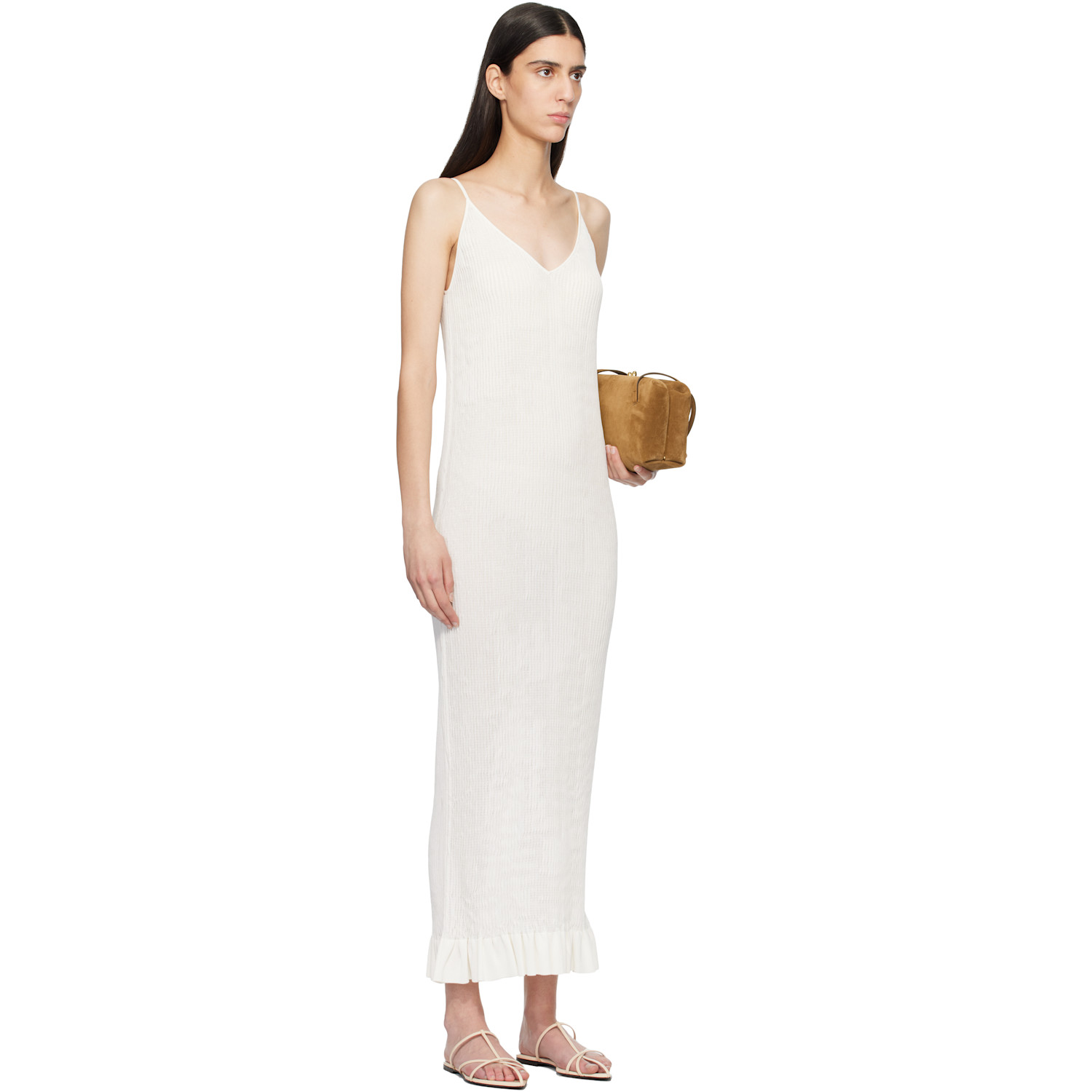  Jil Sander Off-white Smocked Fine Rib Frill Detail Maxi Dress 