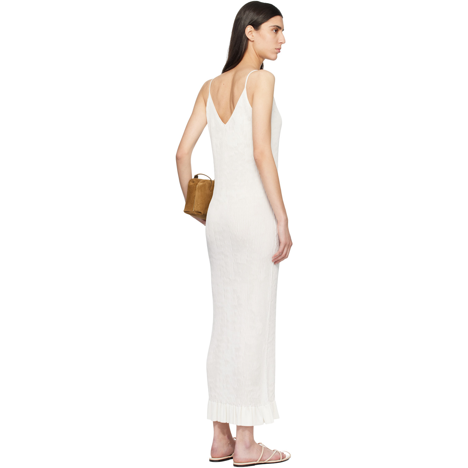  Jil Sander Off-white Smocked Fine Rib Frill Detail Maxi Dress 