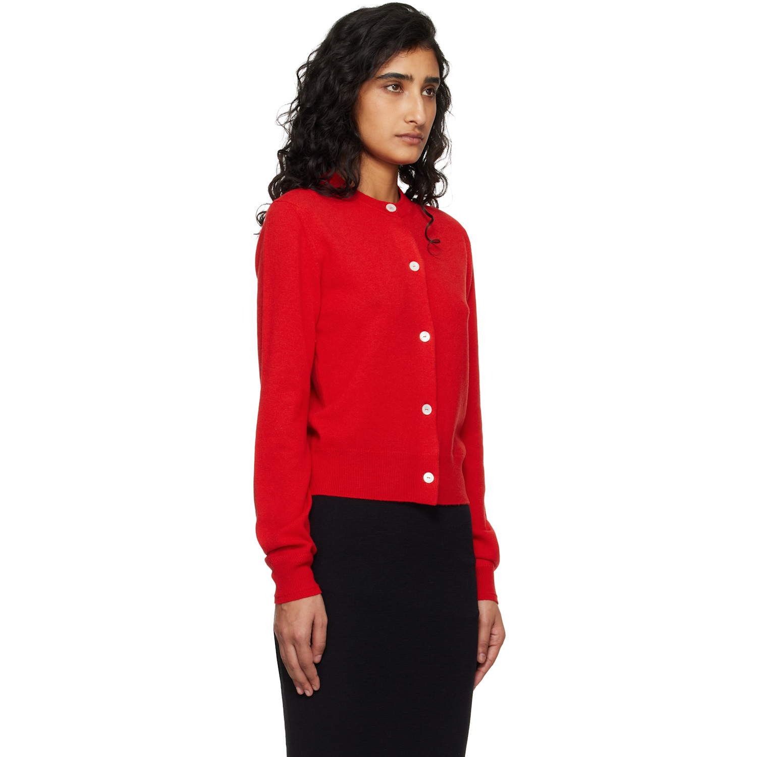  Jil Sander Red Lightweight Wool Crew Neck Cardigan 