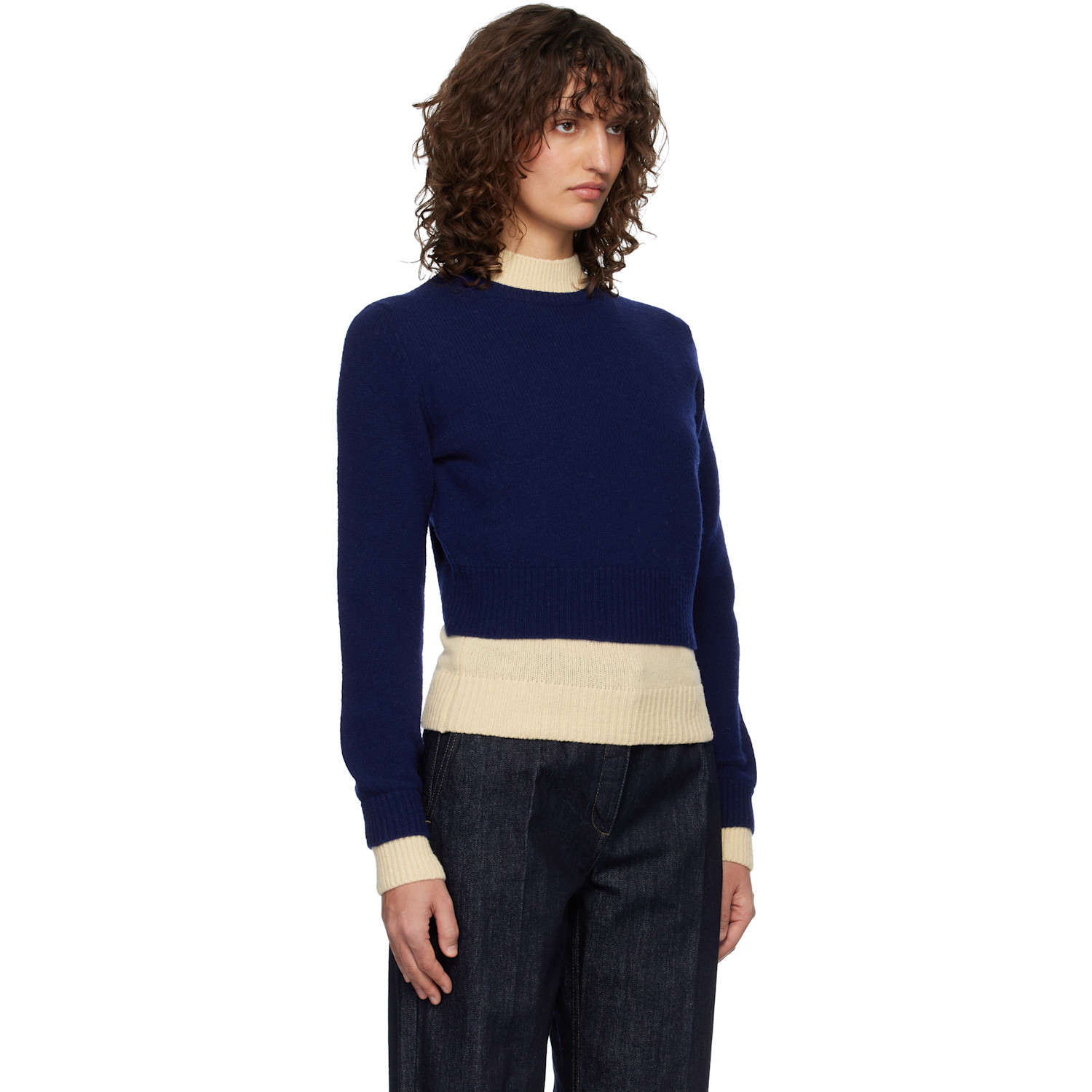  Jil Sander Blue & Off-white Wool Mock-neck Sweater 