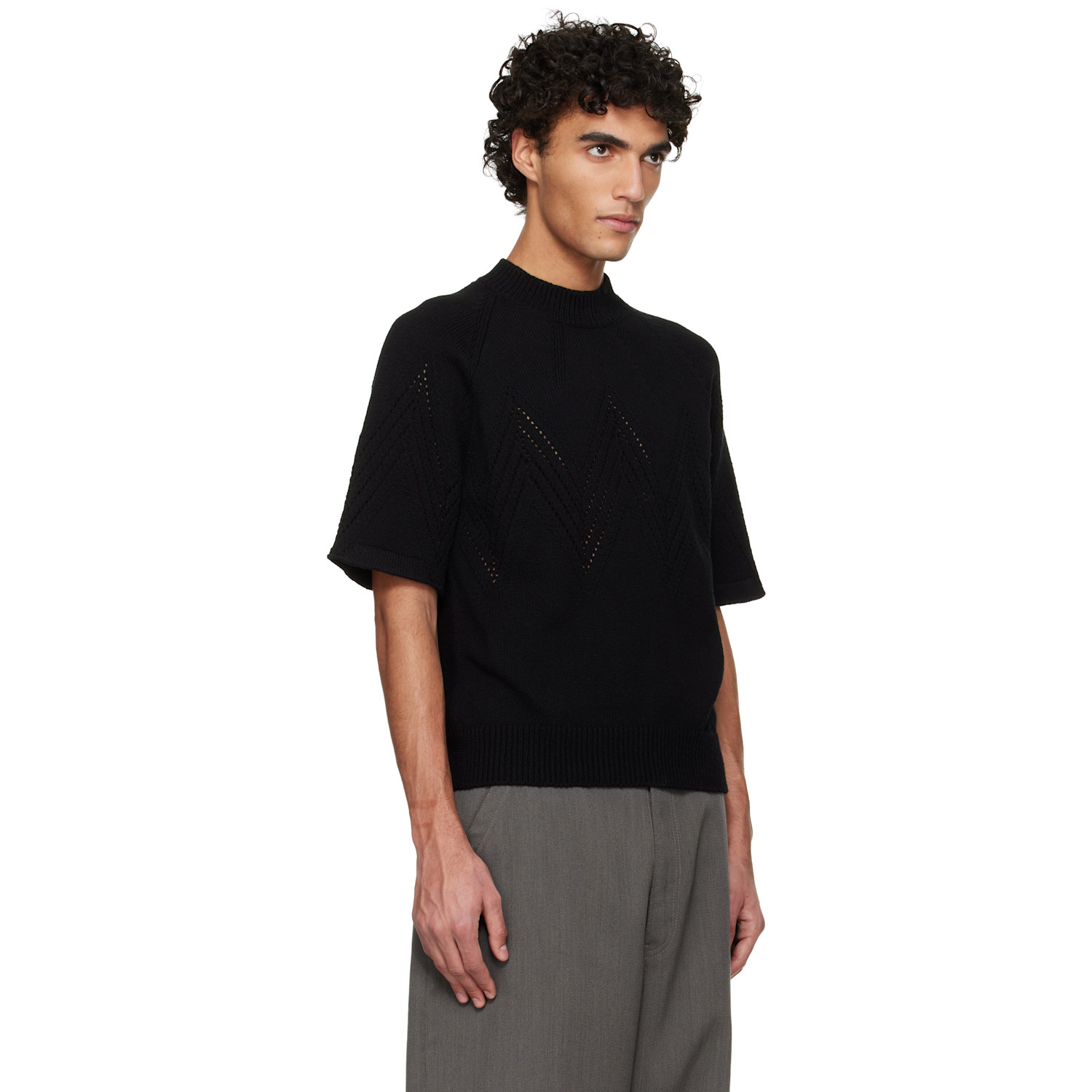  Jil Sander Black Pointelle Short Sleeve Sweater 