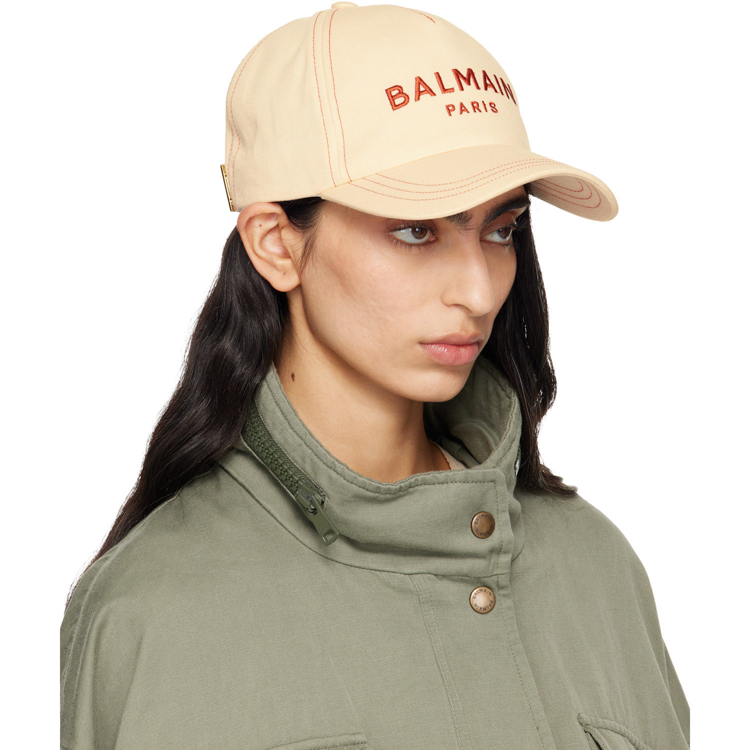  Balmain Beige Cotton 'balmain Paris' Embroidery Cap 