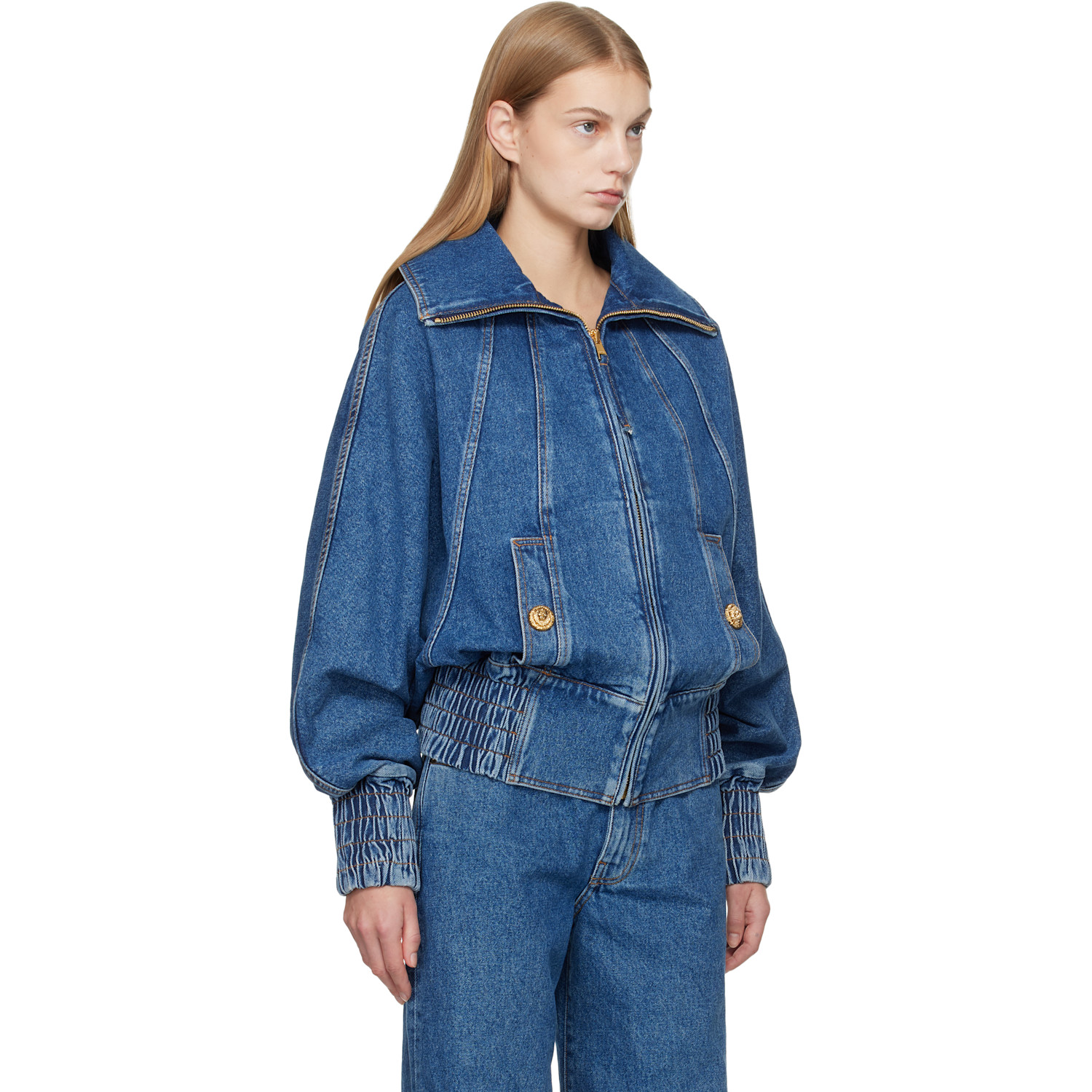  Balmain Blue Zipped Denim Bomber Jacket 