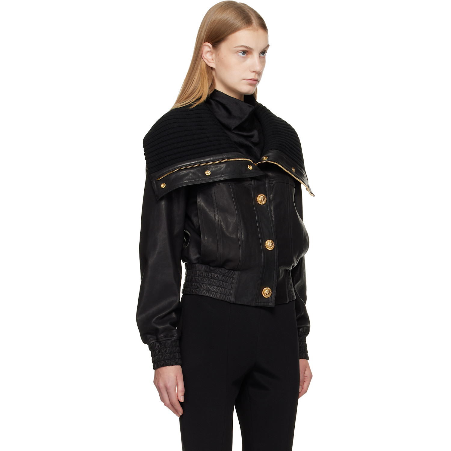  Balmain Black Lambskin & Knit Bomber Jacket 