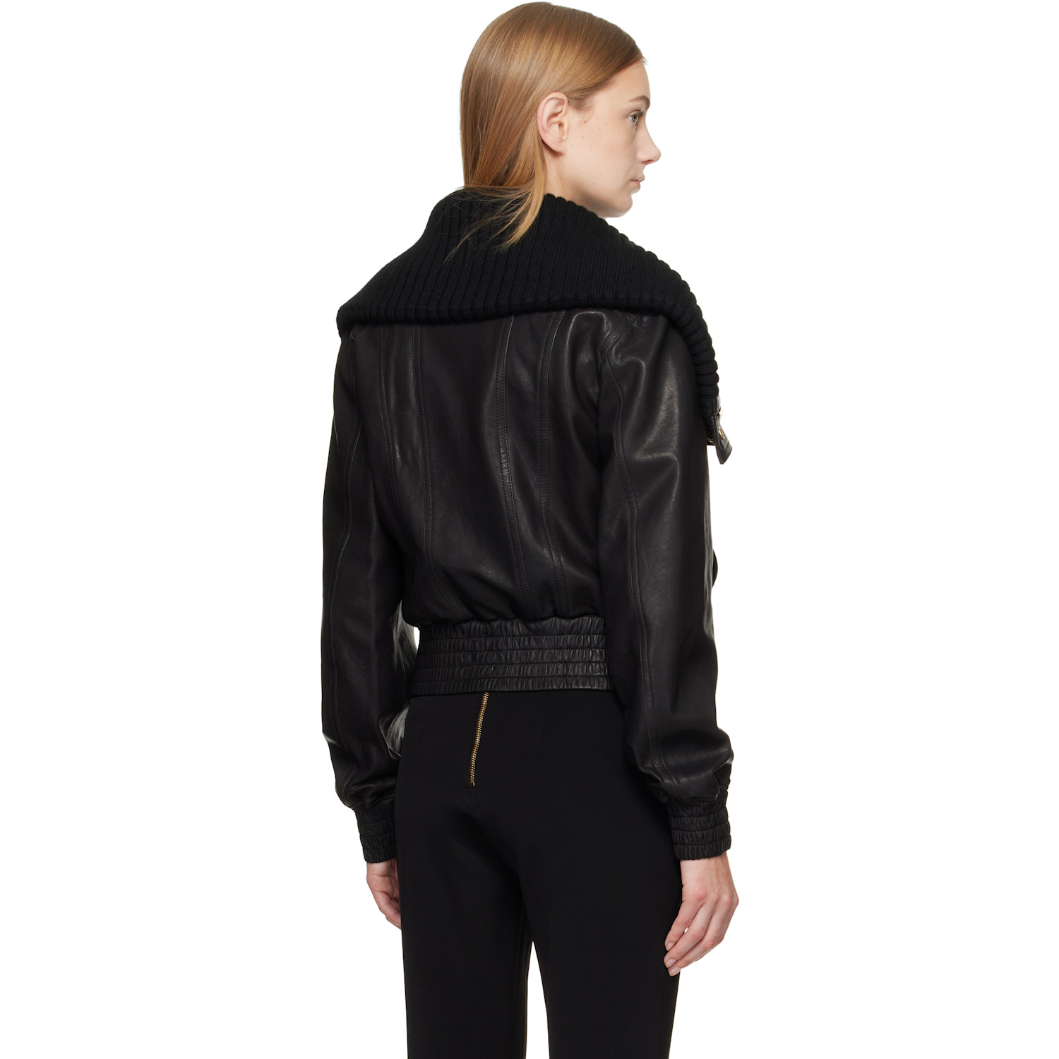  Balmain Black Lambskin & Knit Bomber Jacket 