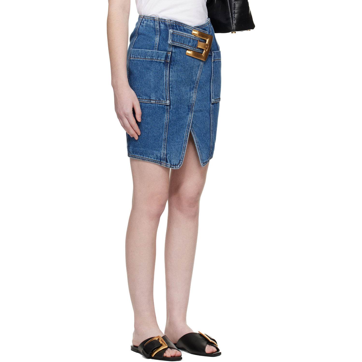  Balmain Blue Short Denim Belt Midi Skirt 