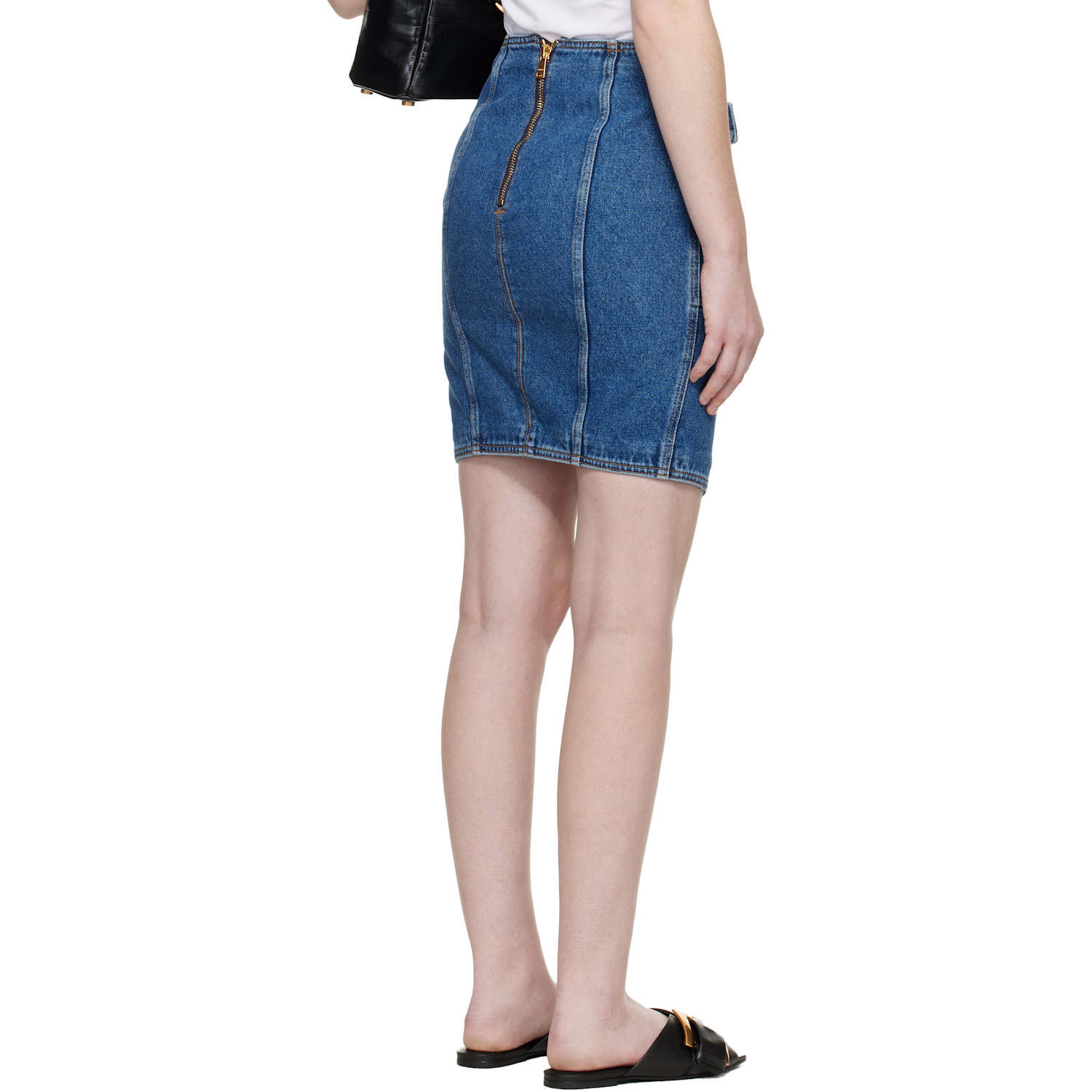  Balmain Blue Short Denim Belt Midi Skirt 