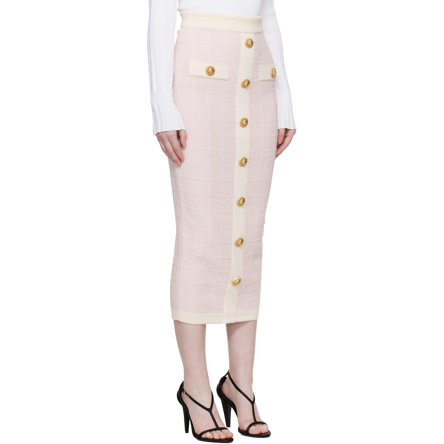  Balmain Pink Buttoned Knit Light Tweed Maxi Skirt 