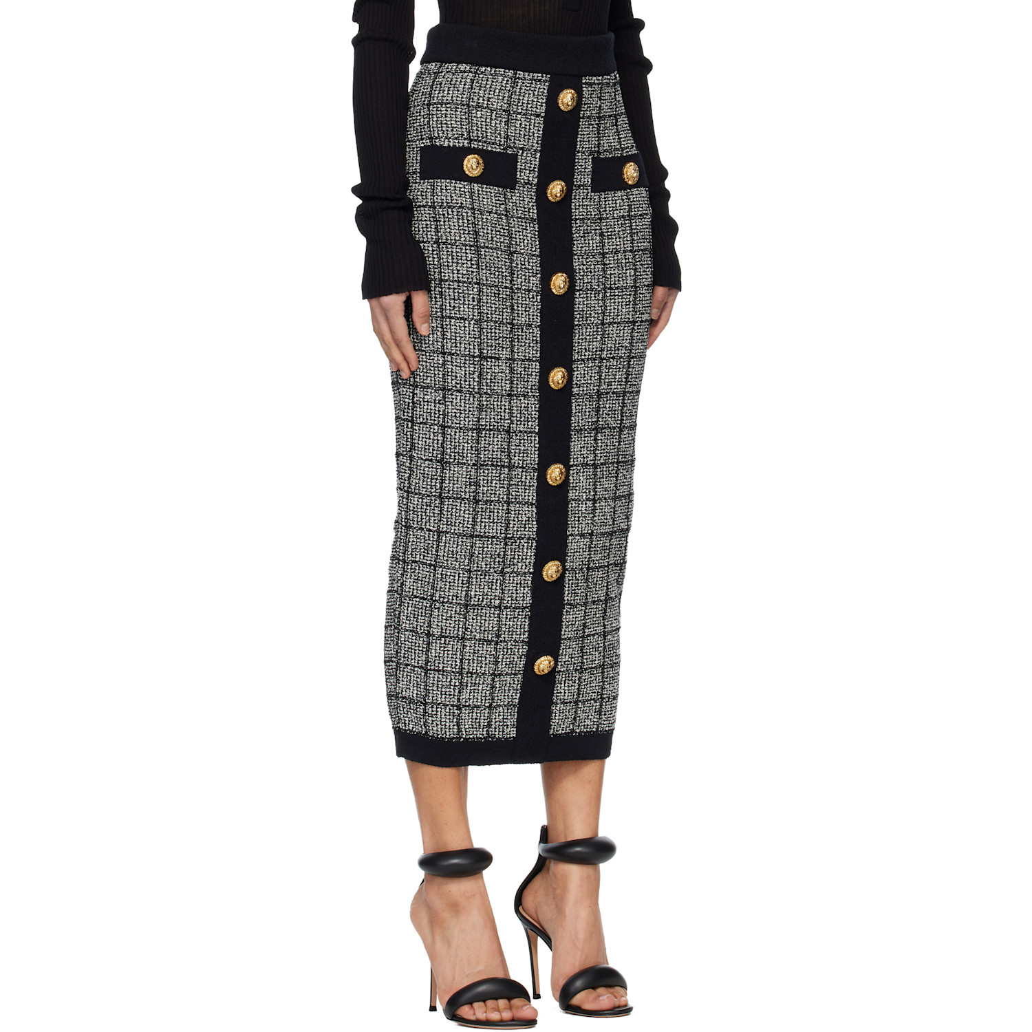  Balmain Black & White Buttoned Knit Light Tweed Maxi Skirt 