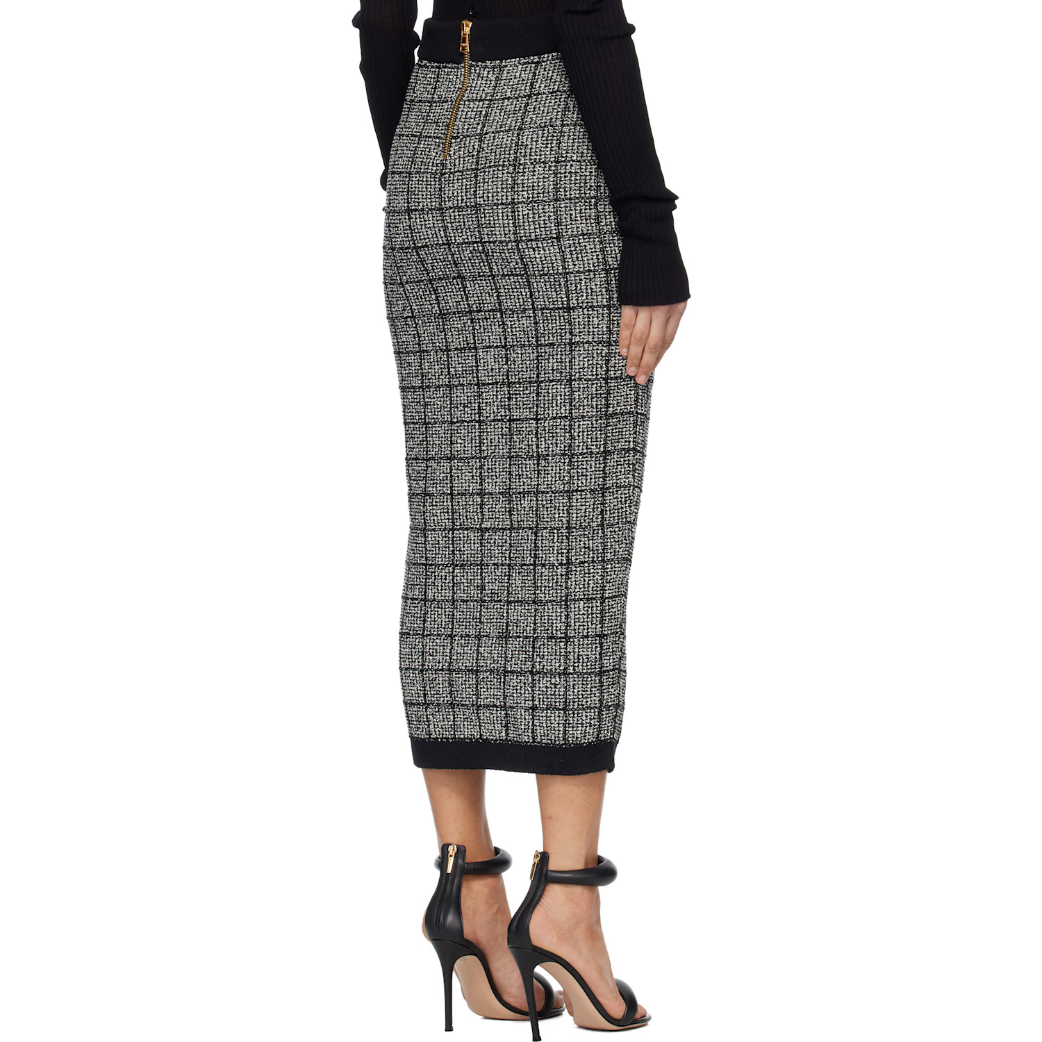  Balmain Black & White Buttoned Knit Light Tweed Maxi Skirt 