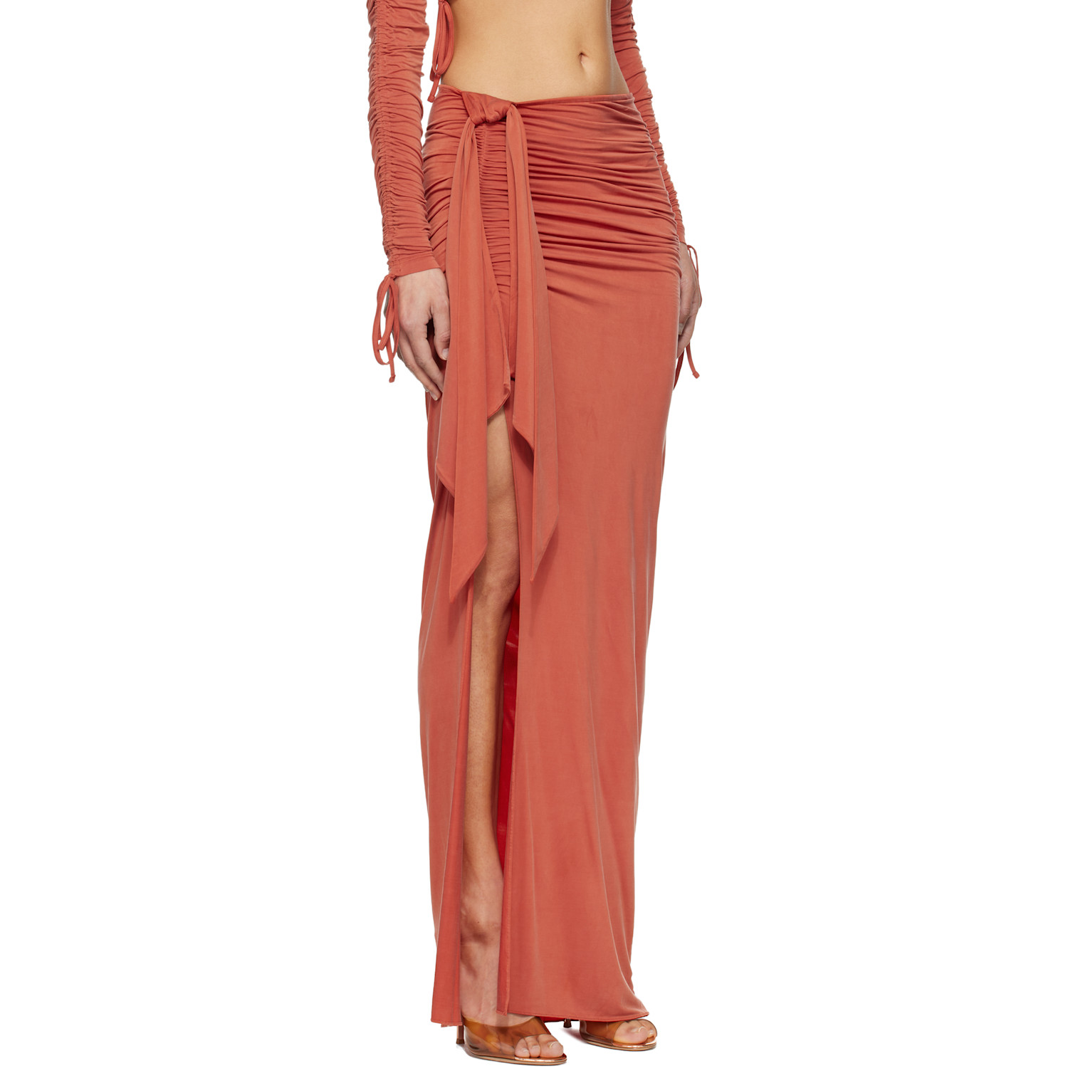  Balmain Orange Knotted Split Jersey Maxi Skirt 
