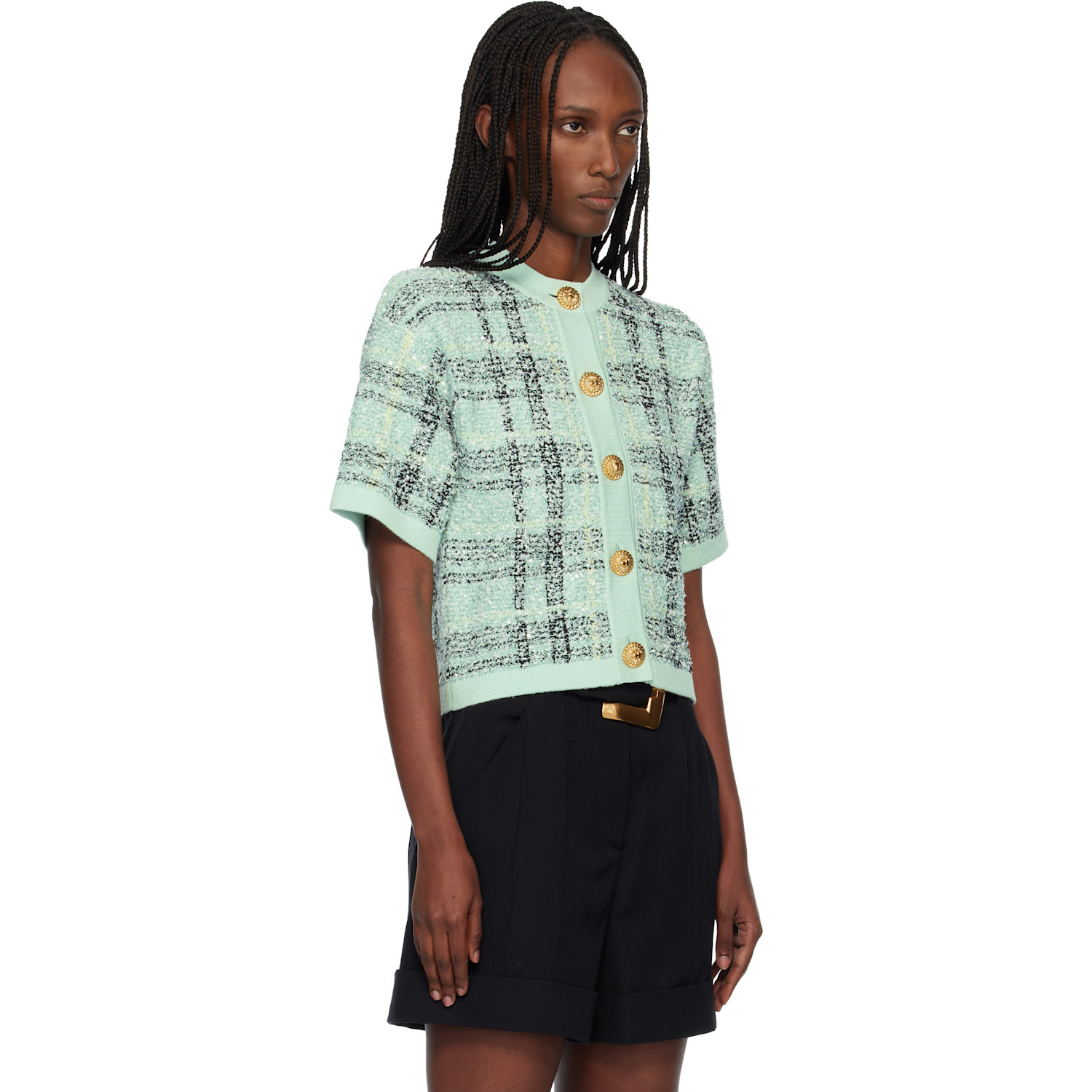  Balmain Green Buttoned Shiny Light Tweed Cardigan 