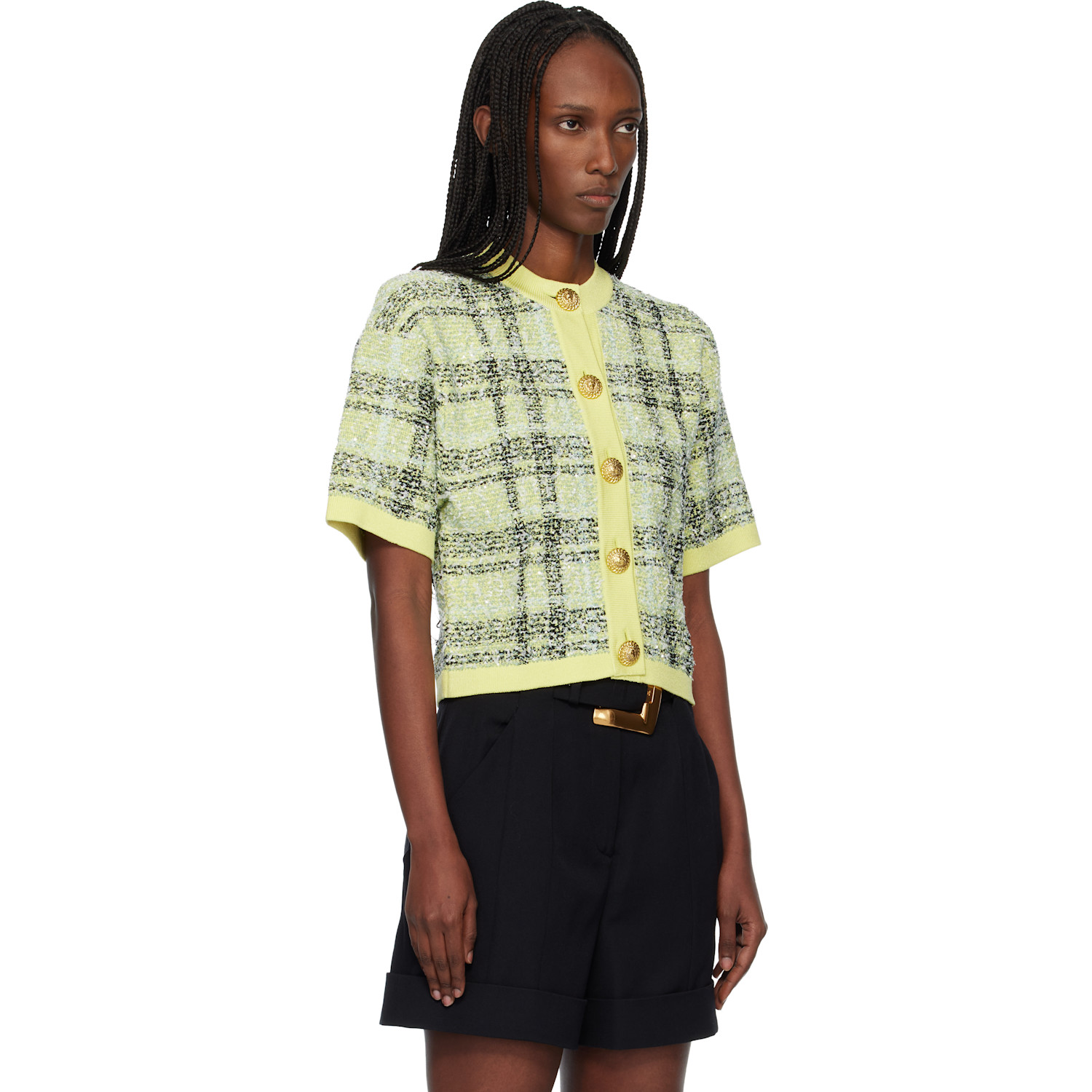  Balmain Yellow Buttoned Shiny Light Tweed Cardigan 