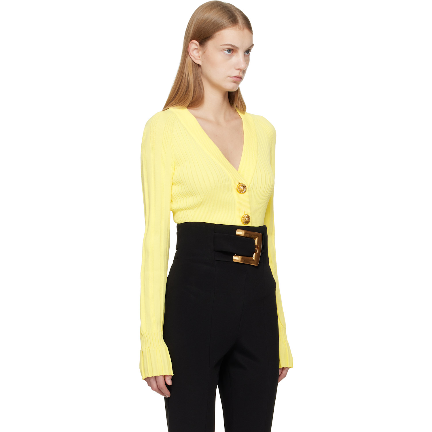  Balmain Yellow Buttoned V-neck Light Knit Cardigan 