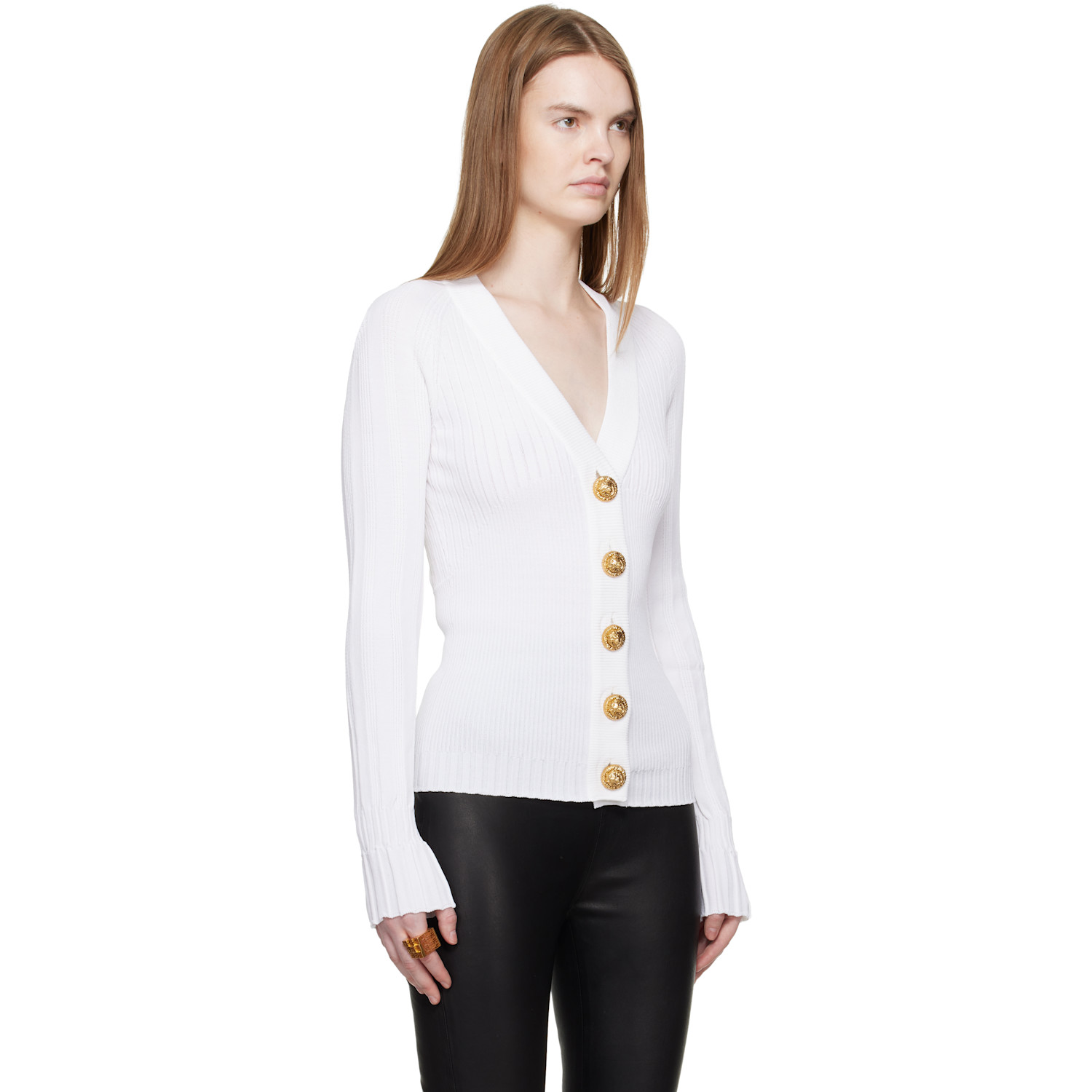  Balmain White Buttoned V-neck Light Knit Cardigan 