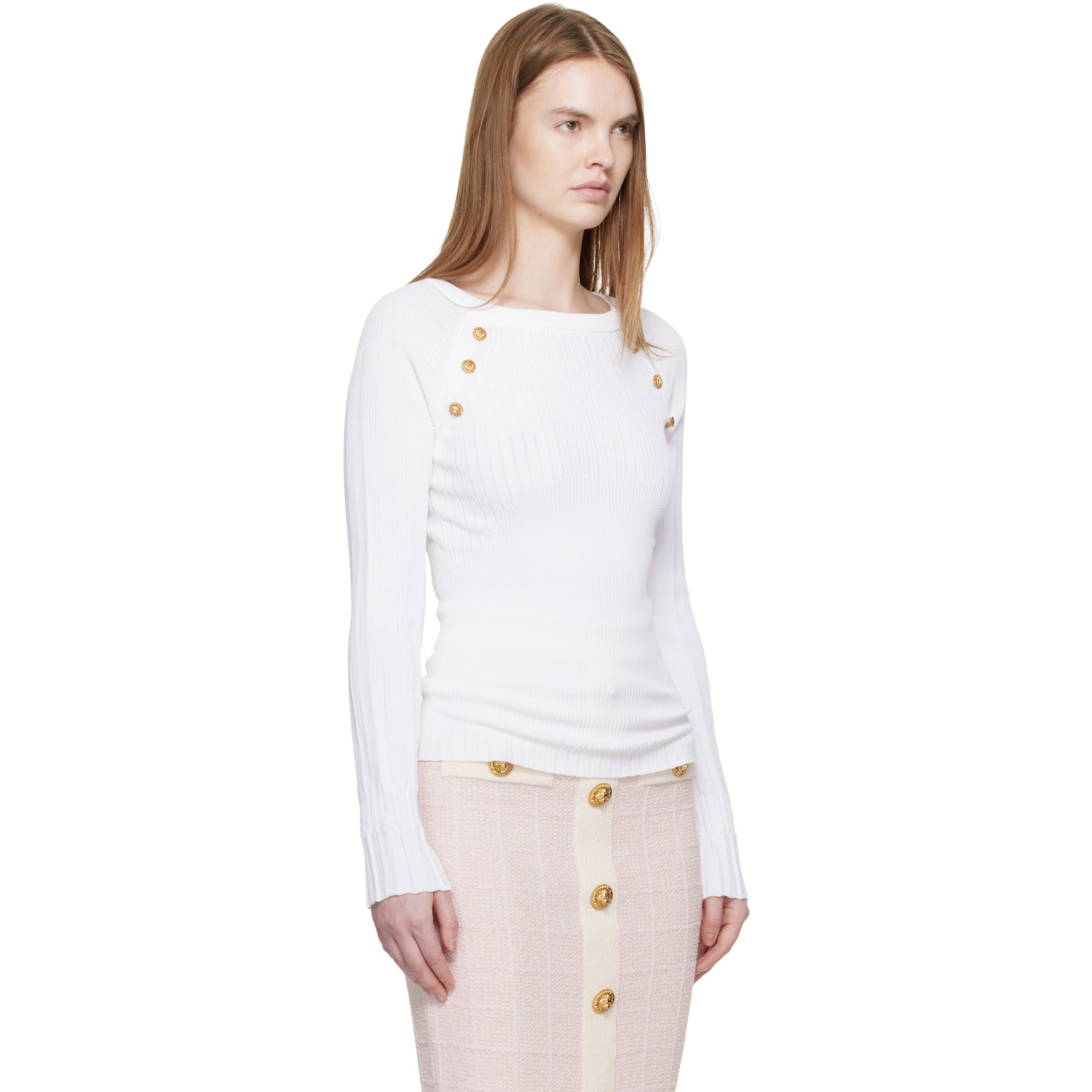  Balmain White Knit Buttons Sweater 