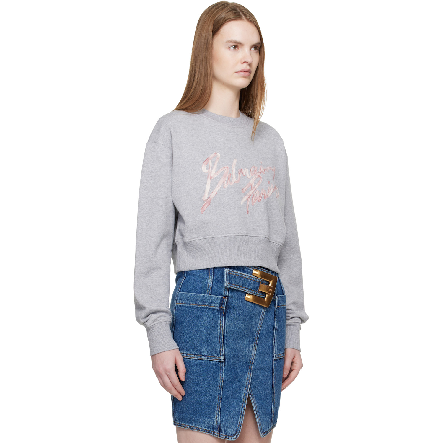  Balmain Gray Cropped Printed Cotton Sweatshirt 