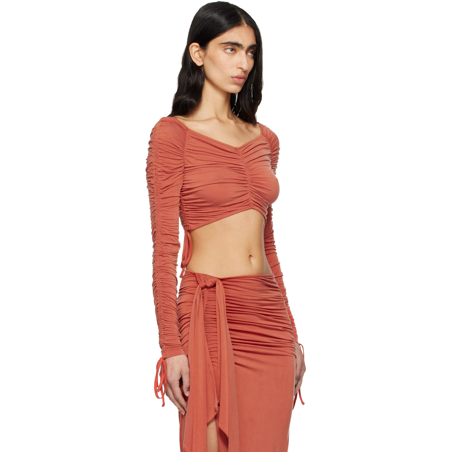  Balmain Orange Ls Cropped Draped Jersey Top 