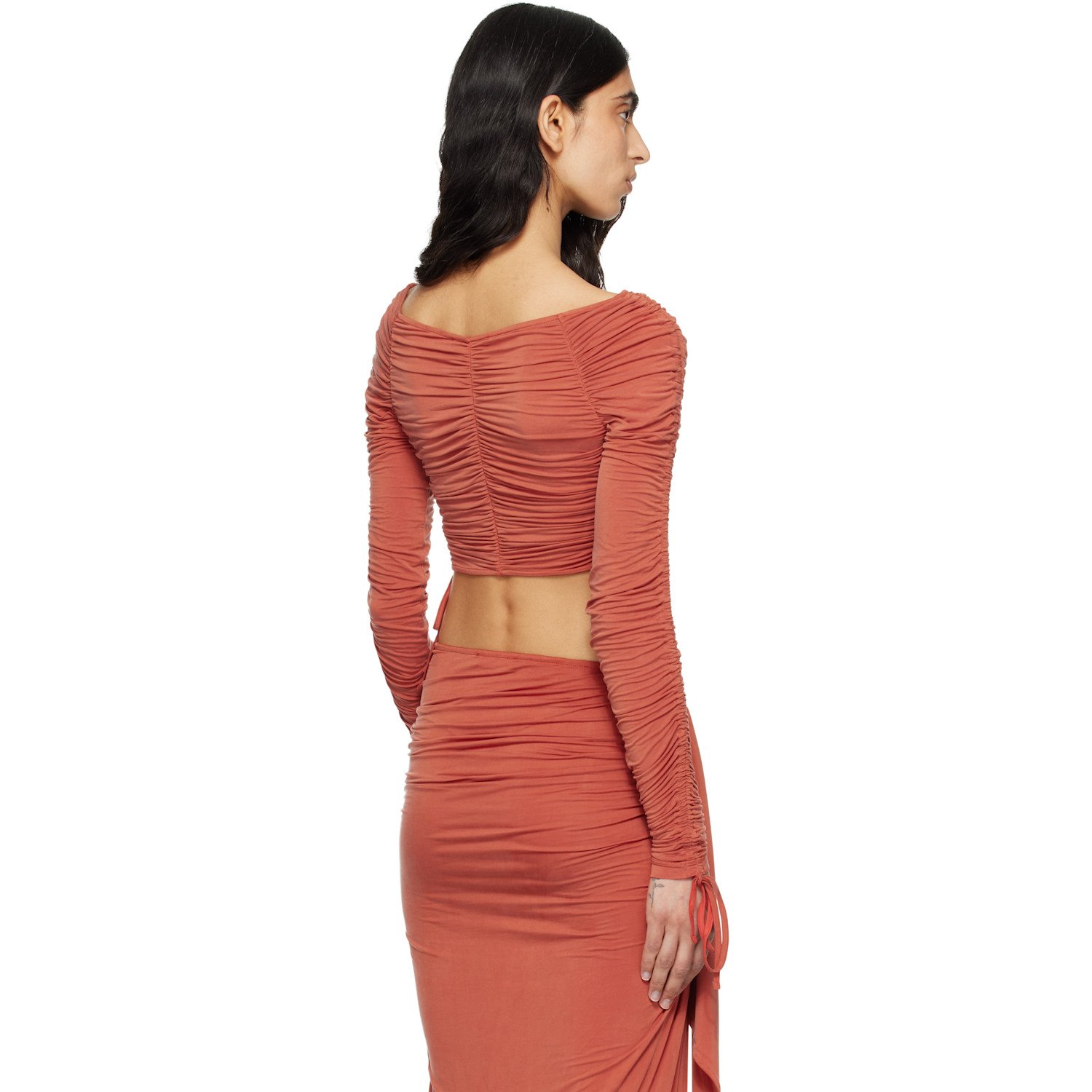  Balmain Orange Ls Cropped Draped Jersey Top 