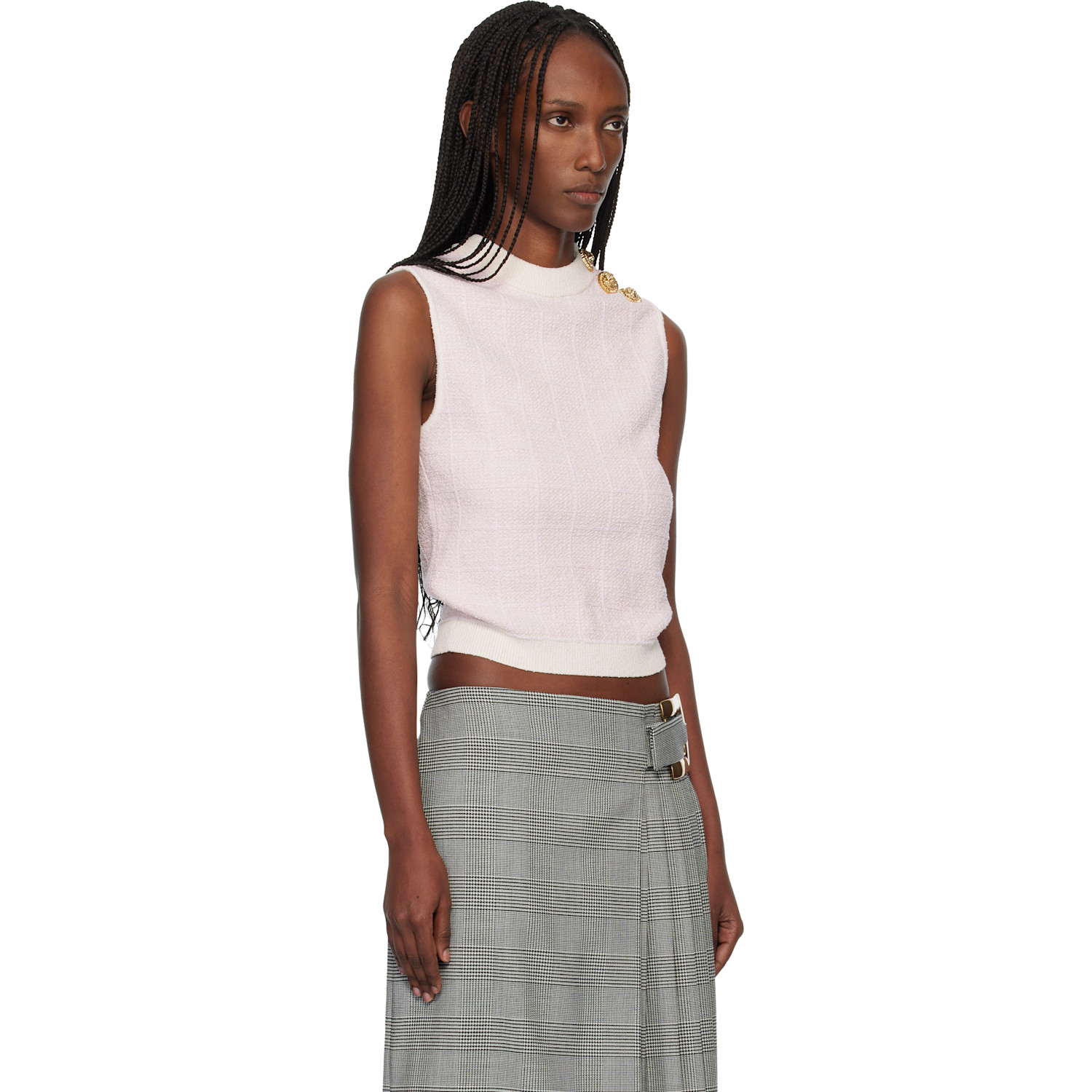  Balmain Pink Tweed Button Crop Tank Top 