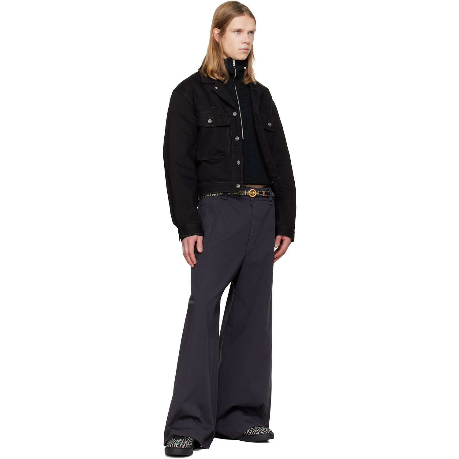  Balmain Black & Off White Monogram Jacquard T-bar Belt 