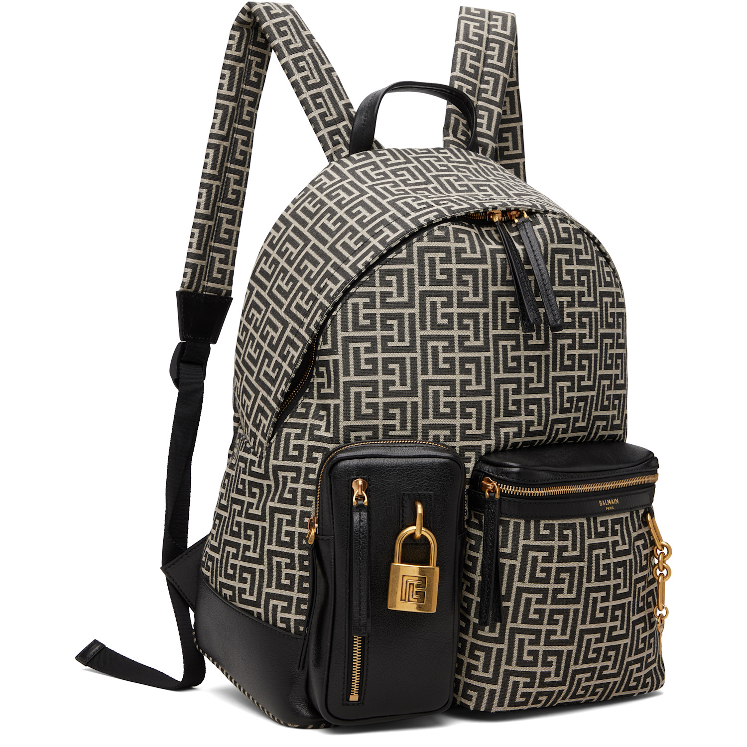  Balmain Black & Beige Pulse Monogram Jacquard Backpack 